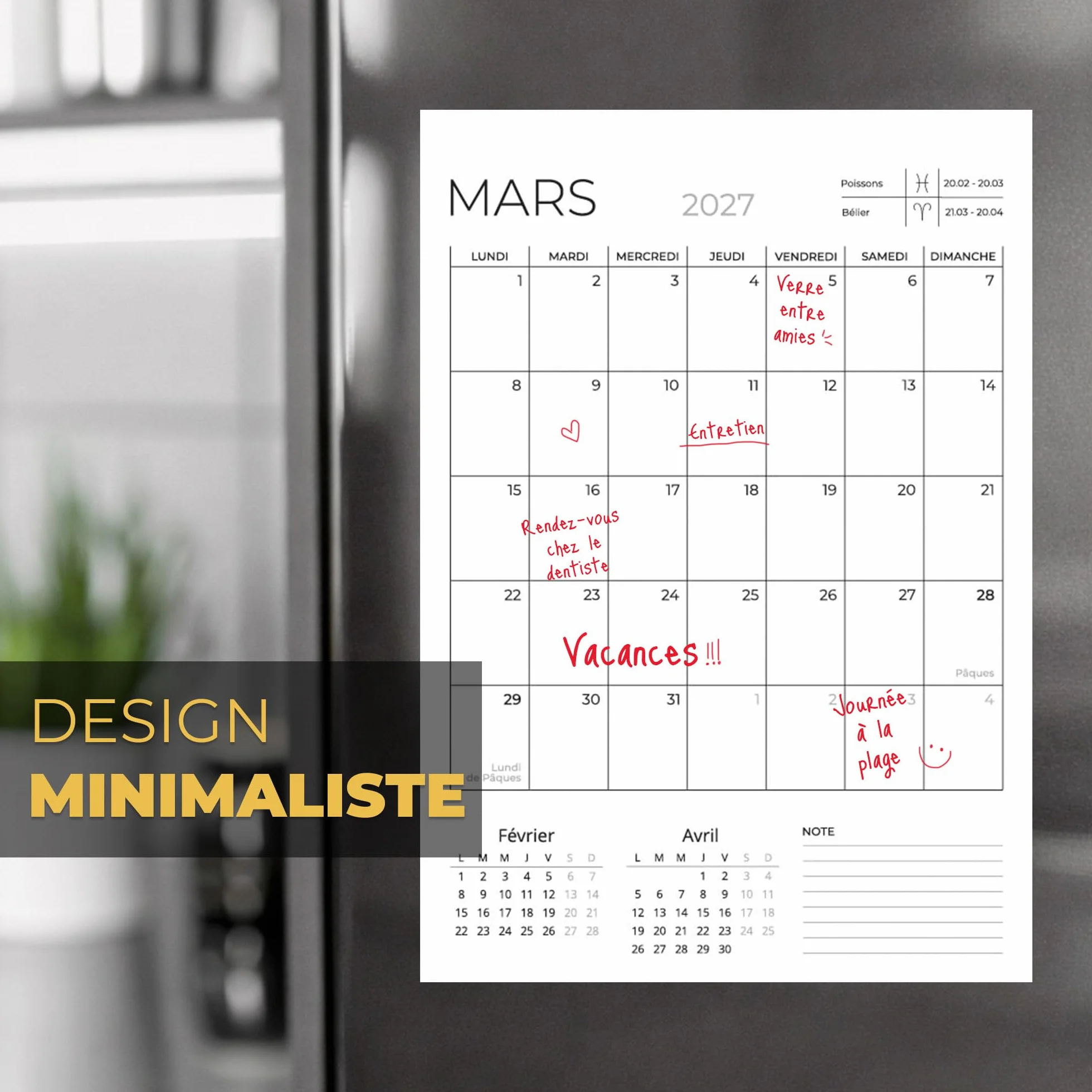 Calendrier Magnetique Frigo Vertical 2026-2027 18 Mois Français