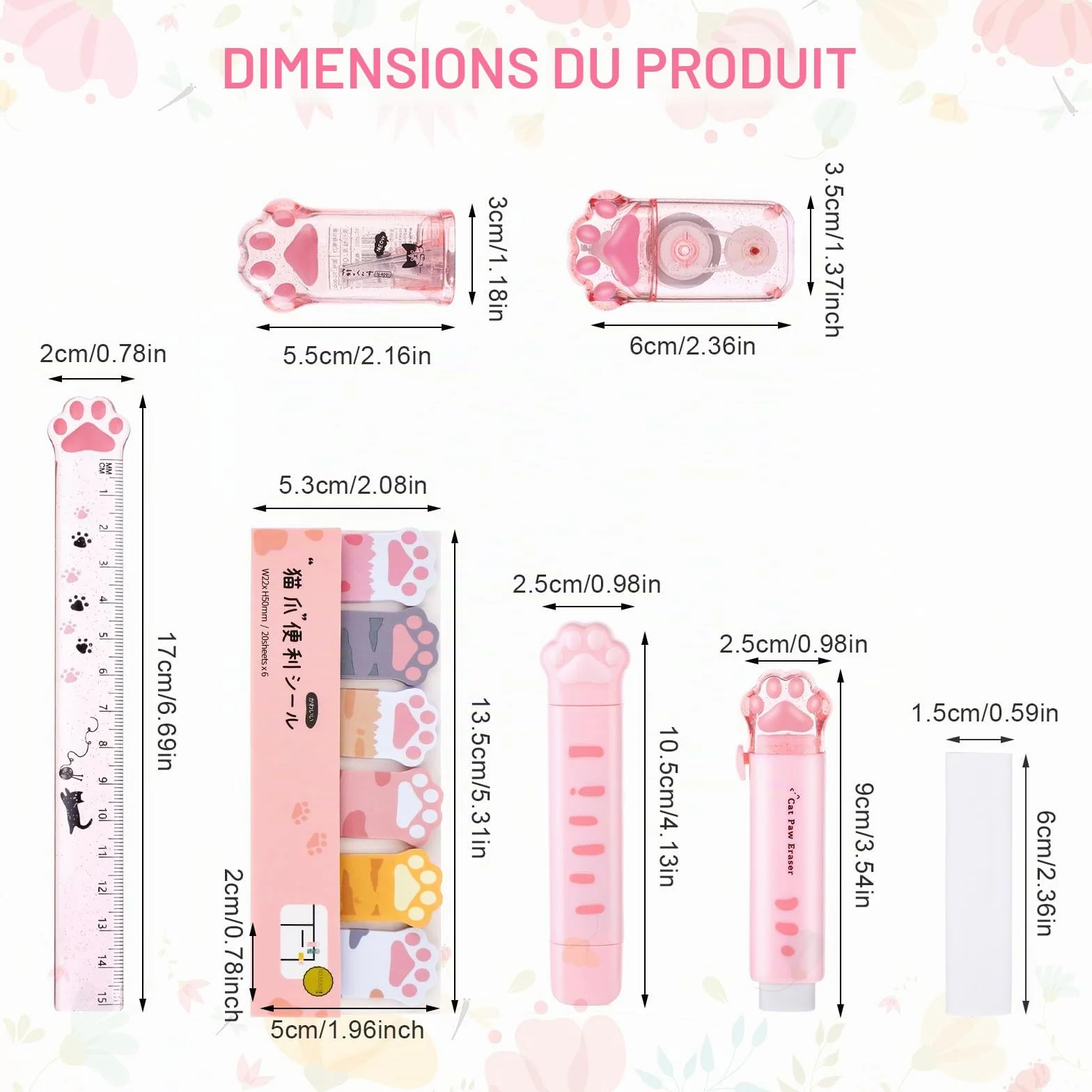 Lot de 7 articles de papeterie taille-crayon rétractable, ruban correcteur, gomme, notes adhésives, règle, mini ciseaux et cutter universel (rose)