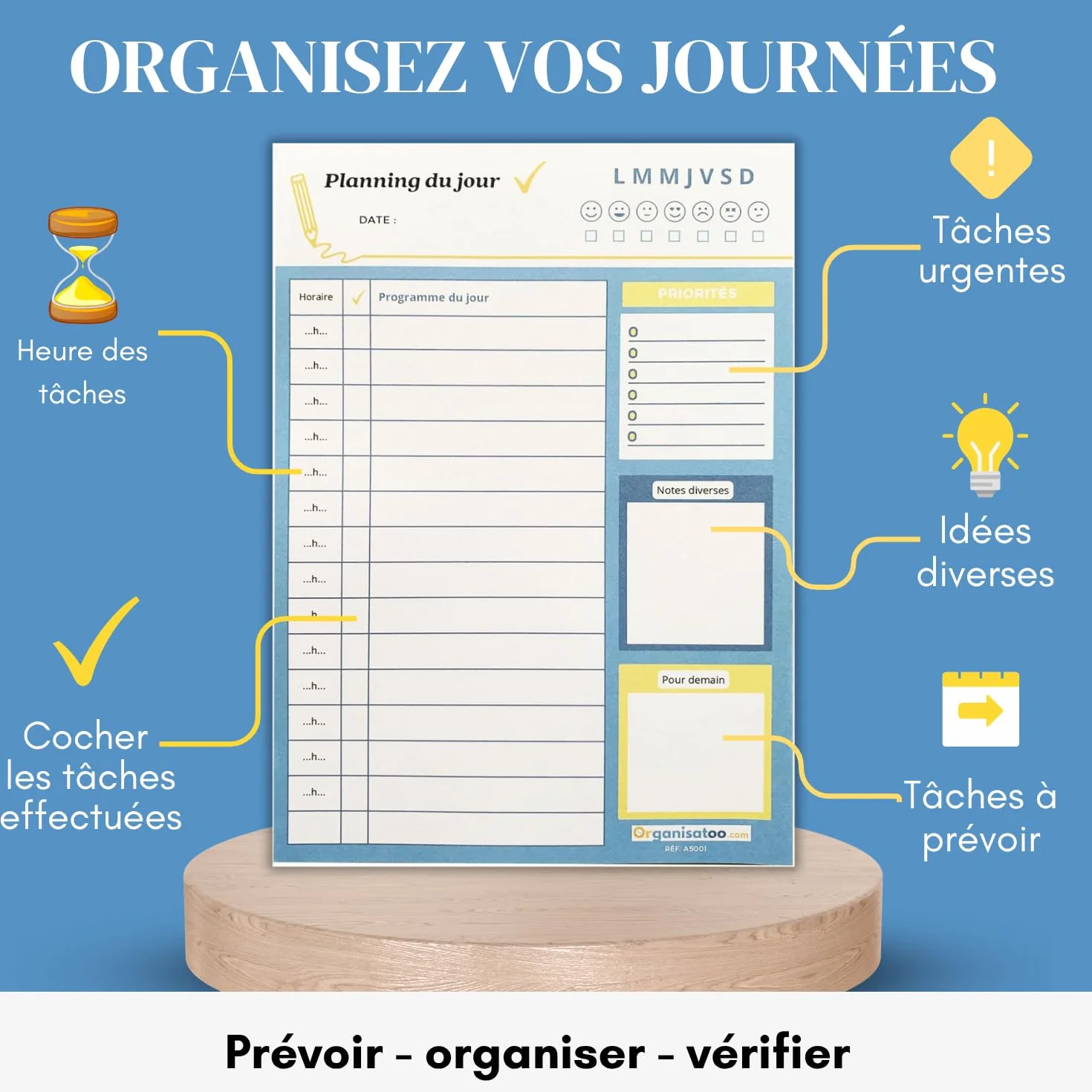 Bloc planning du jour français 50 pages - Planificateur journalier A5 papier activités tâches