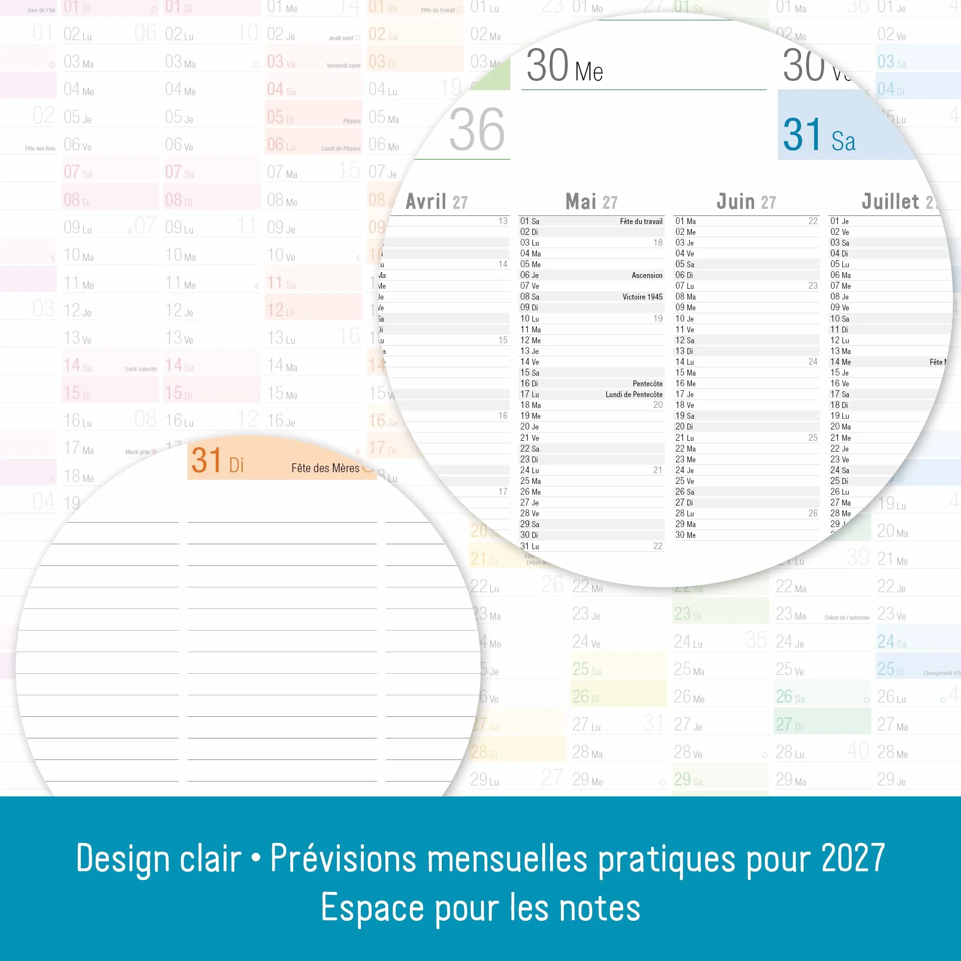 Häfft® Calendrier mural XXL 2026 A1+ 63 x 89 cm papier français Rainbow avec agenda annuel A4 gratuit jours fériés France