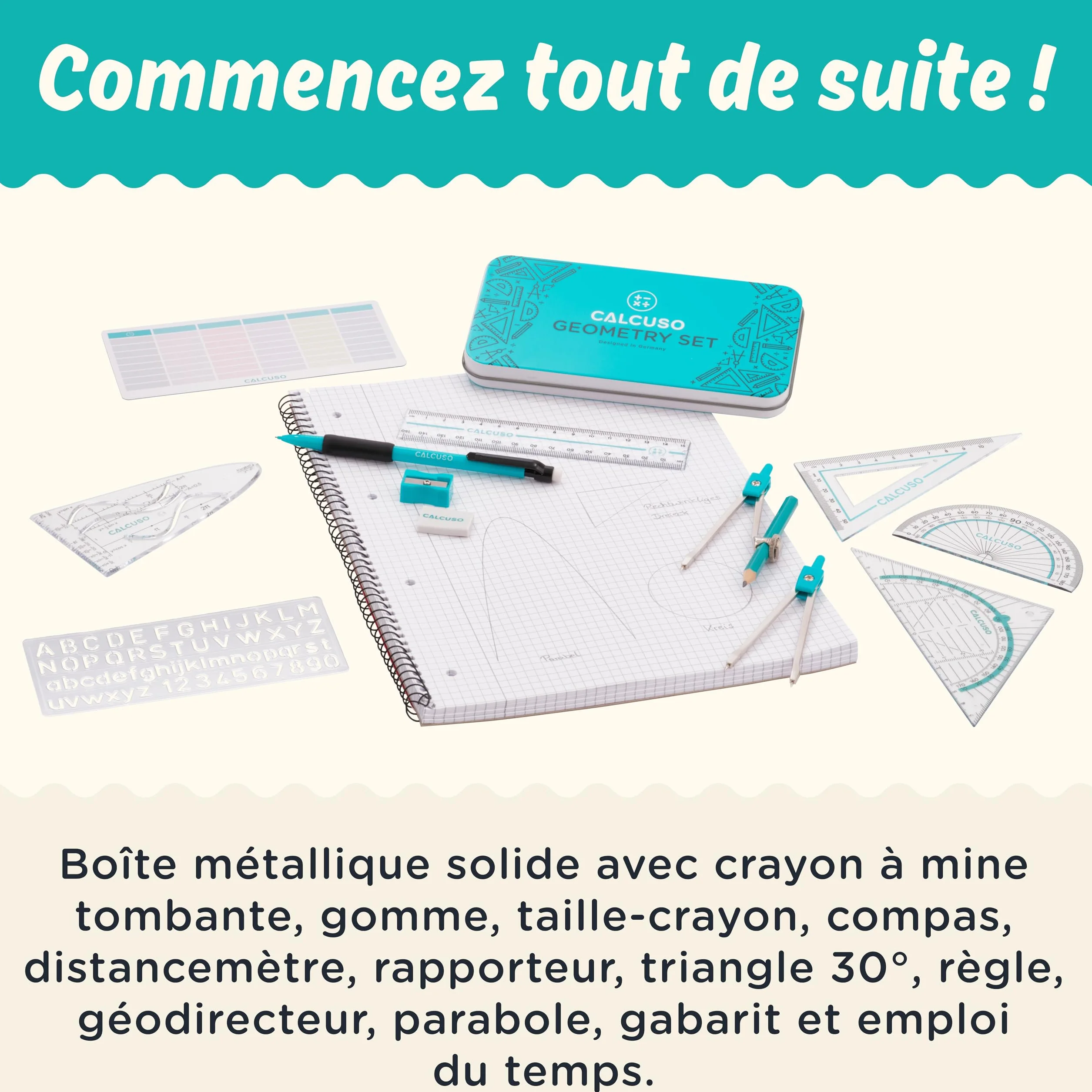 CALCUSO Ensemble de Géométrie 13 Pièces Compas Équerre Boîte Métallique