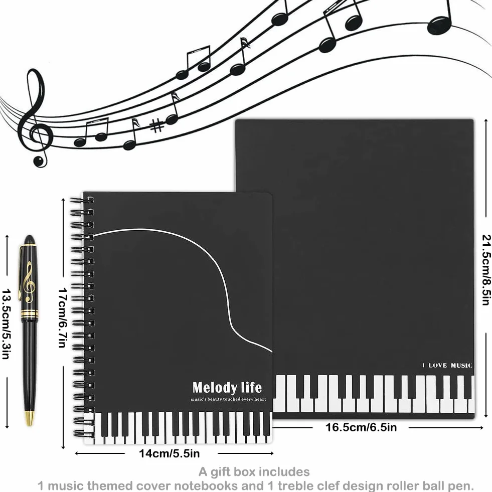 Piano Musical Papeterie Coffret Cadeau, Cahier d'écriture Wirebound avec Stylo Roller Ball Design Clef de Sol pour Bureau École Étudiant (Noir)
