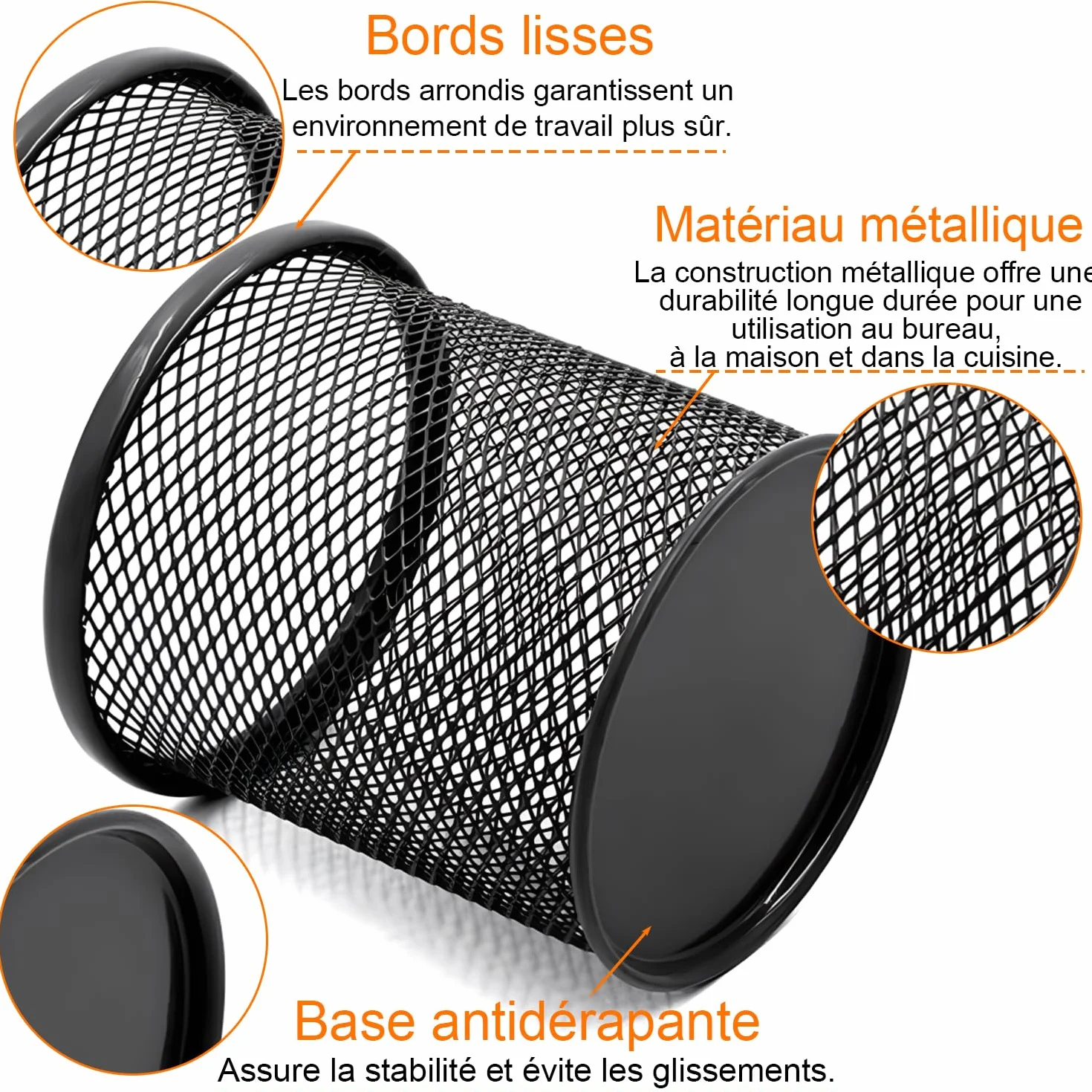 Porte Stylo en Métal Rond, Pot à Crayon Multifonction, Organisation Bureau Maison, Noir, DIFIT 4 PCS