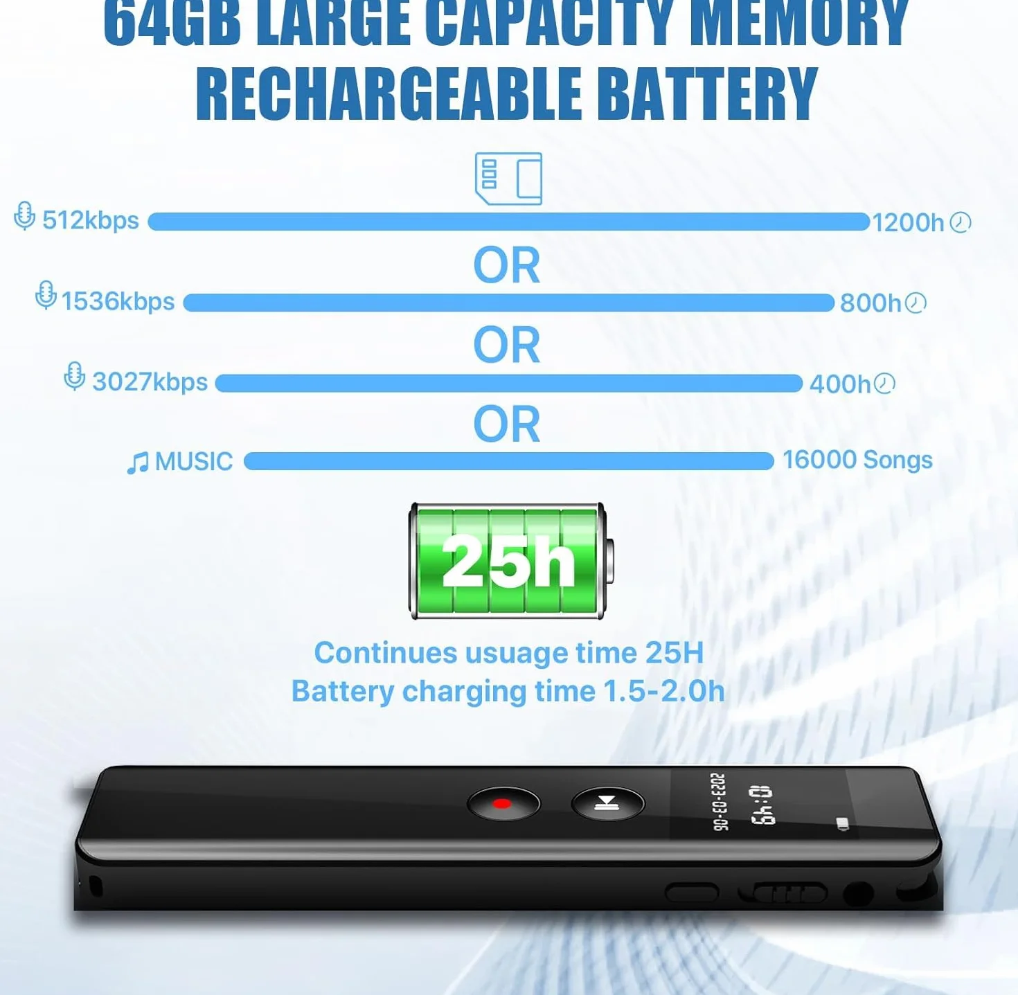 Enregistreur Vocal Numérique 128 Go Activation Vocale Enregistrement Une Touche 3072 Kbps