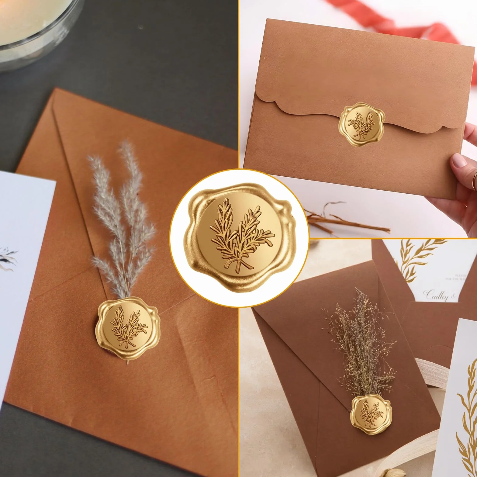 Sceau De Cire Autocollants Dorés 50 Pièces Avec Poignée En Bois Pour Mariages Invitations Lettres Cadeaux