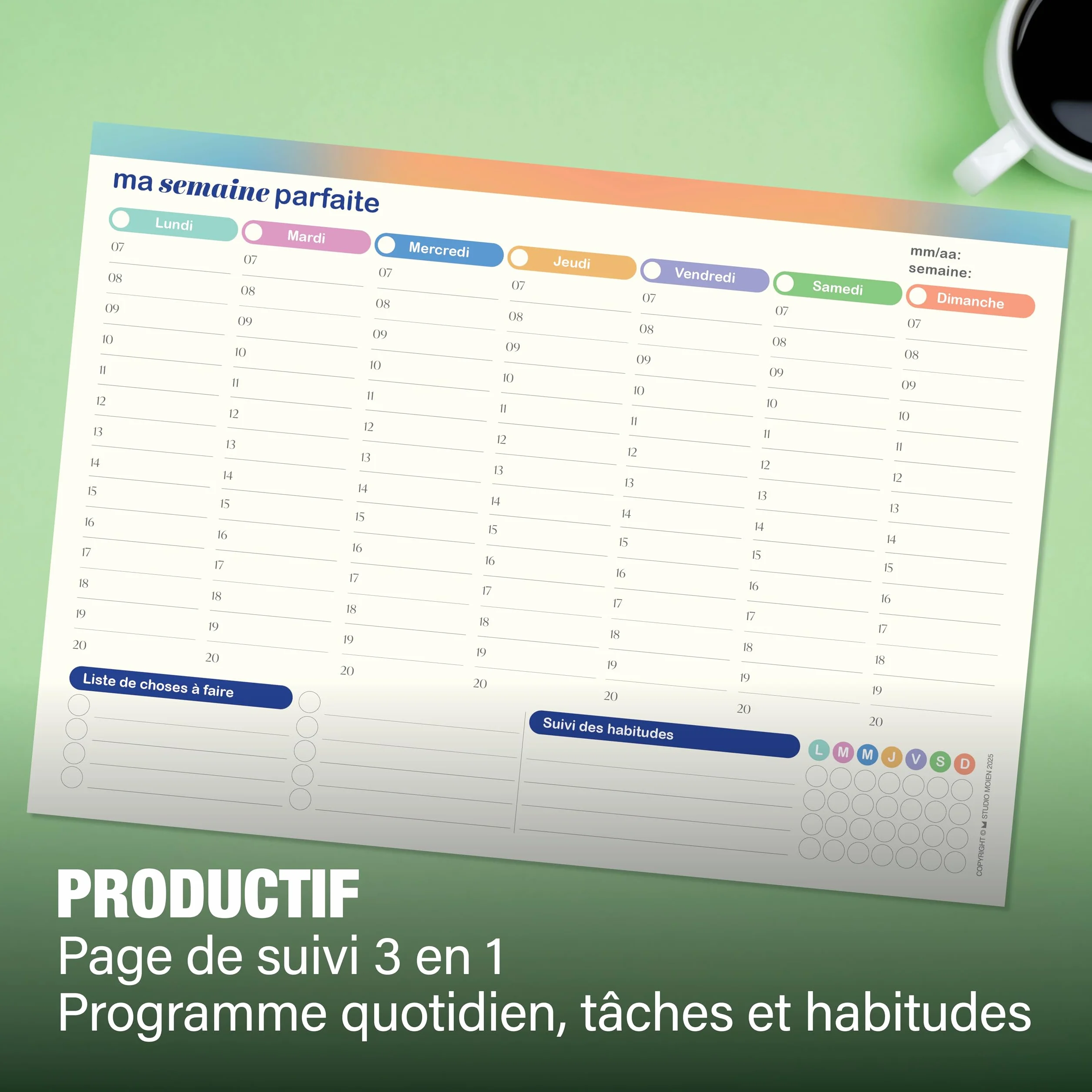 Lot de 50 feuilles de planificateur hebdomadaire A4 29,7 x 21 cm - Sous-main de bureau - Liste des tâches - Suivi des habitudes - Sans date fixe (français)