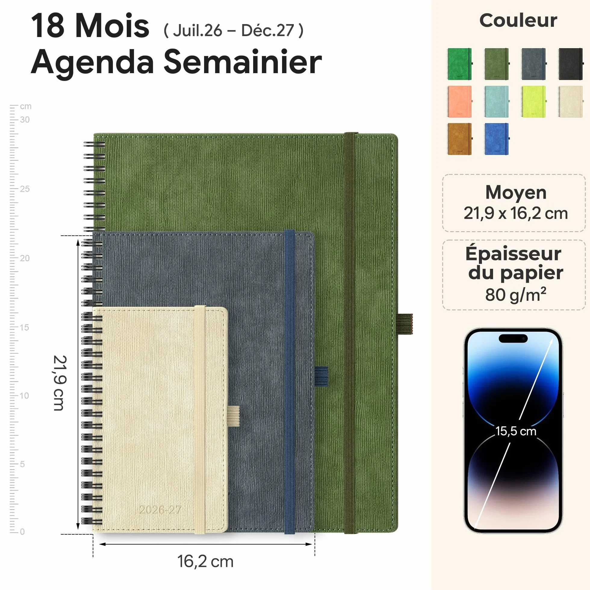 Agenda Semainier 2026-2027 A5 Couverture Souple PU Cuir Spirale Bleu ciel 18 Mois Scolaire Vertical Planner