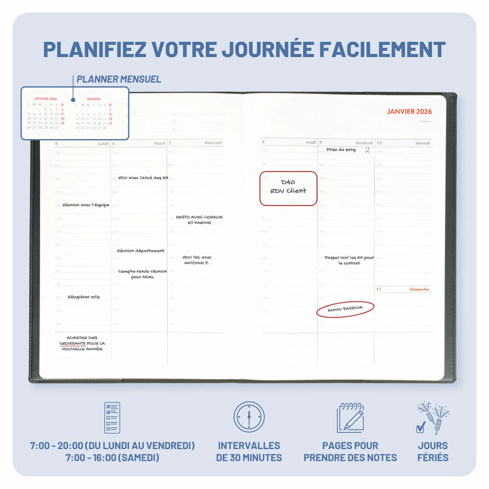 Agenda A4 2026 Semainier Vertical en Français, Carnet de Rendez-Vous Professionnel