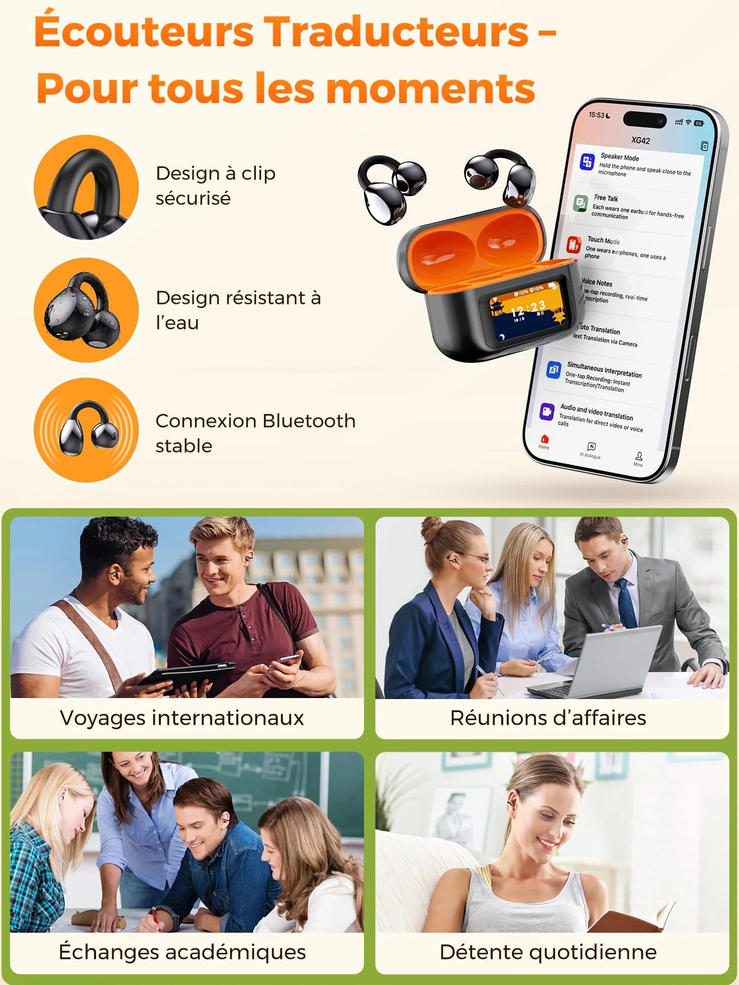 Écouteur Traducteur Vocal Instantané AI 3-En-1 LCD Touchscreen 30H 159 Langues 7 Modes Traduction