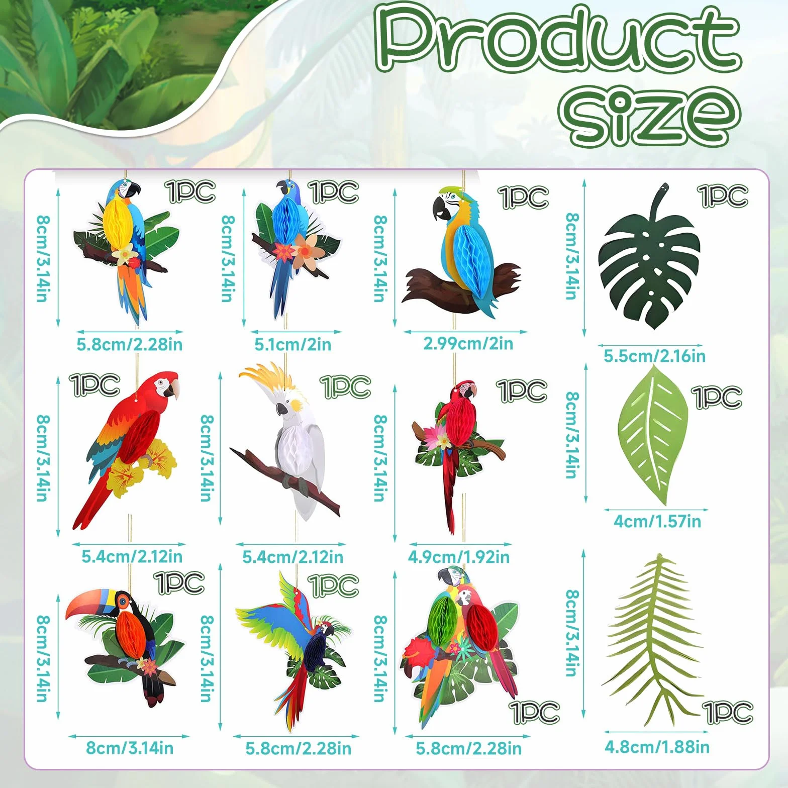 12 pièces Oiseaux tropicaux Découpages en nid d'abeille Suspendu Papier perroquet Décorations Fête Luau