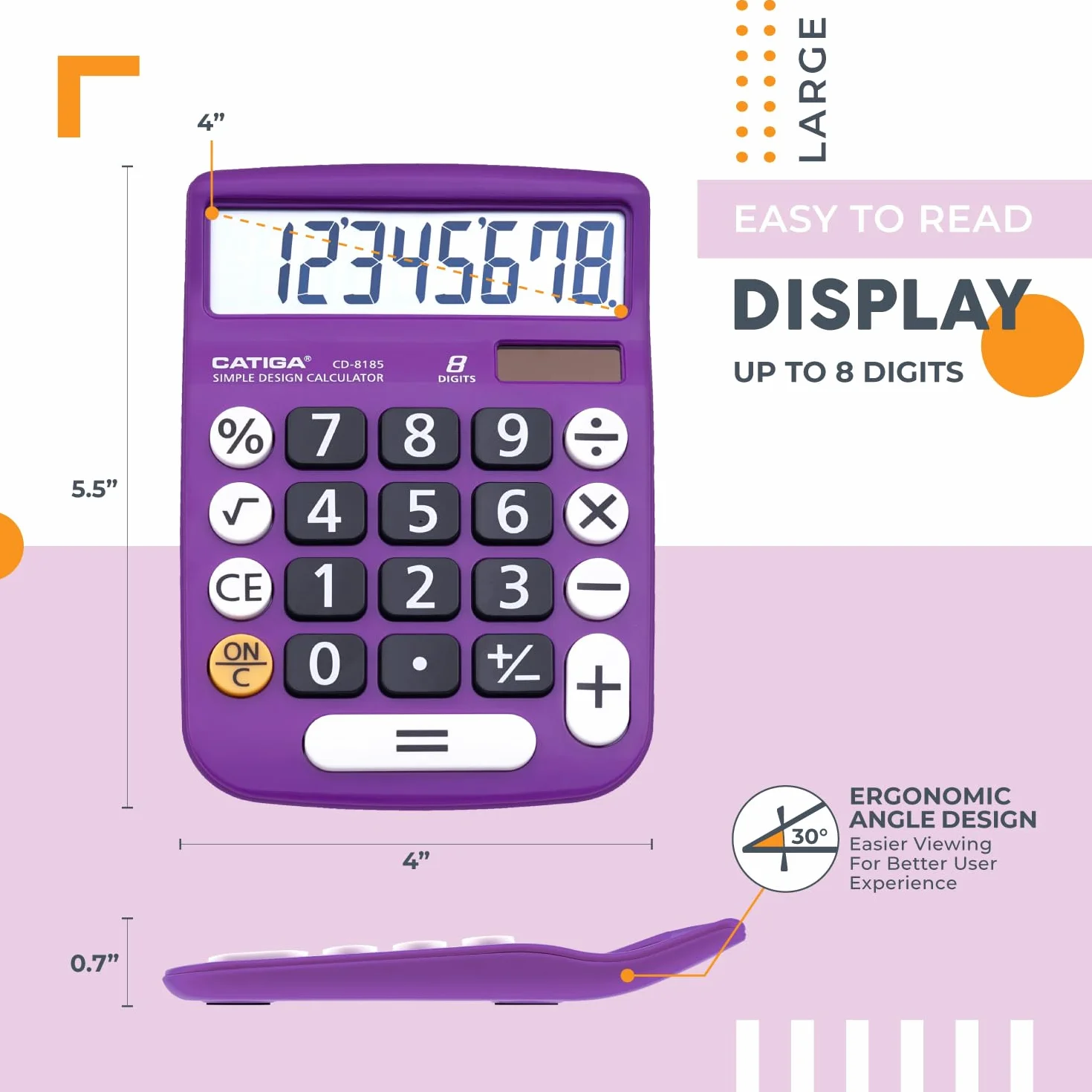 CATIGA Calculatrice de Bureau 8 Chiffres Solaire LCD 4 Fonctions
