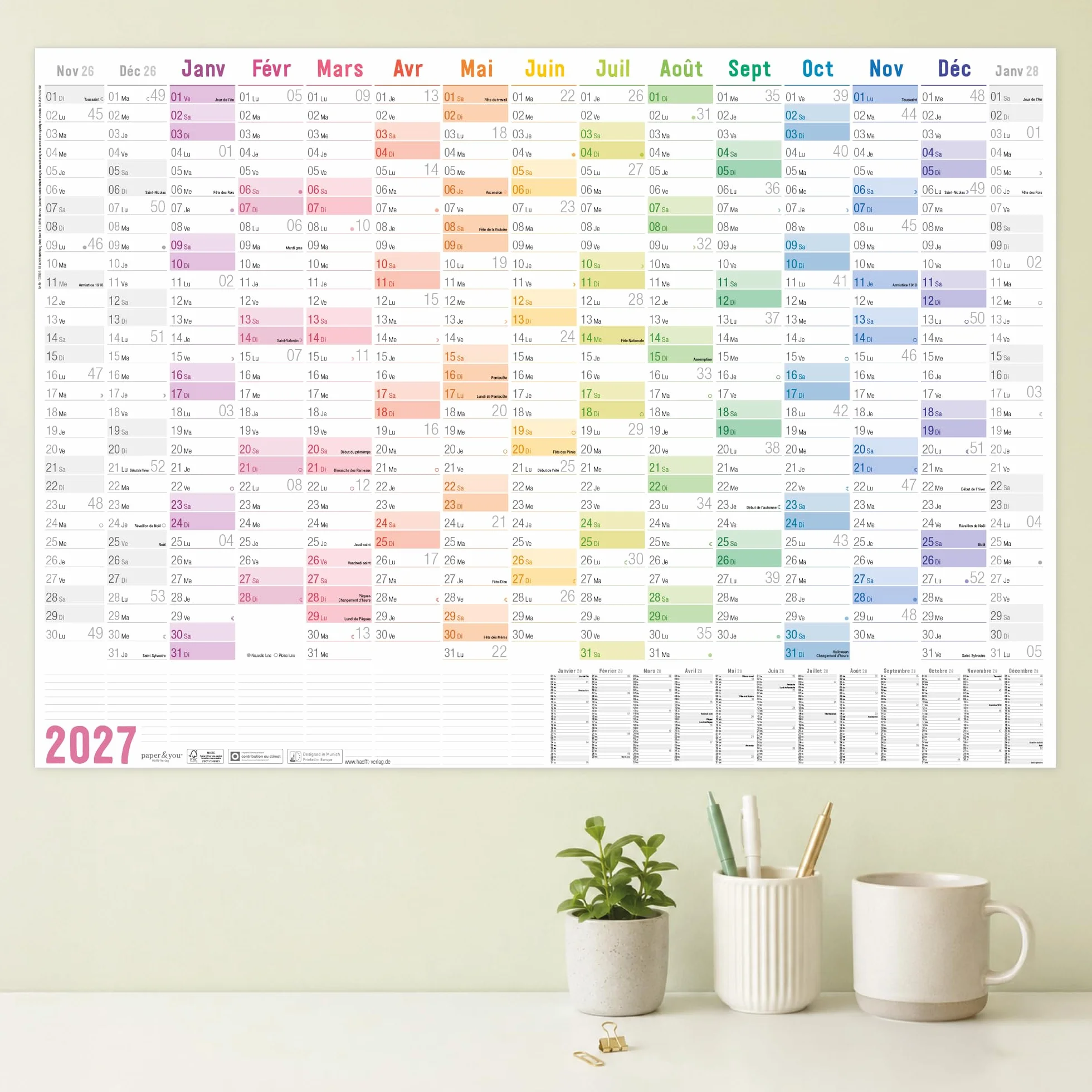 Häfft® Calendrier mural XXL 2027 A1+ papier français 63 x 89 cm plié Rainbow + agenda annuel A4 gratuit jours fériés France