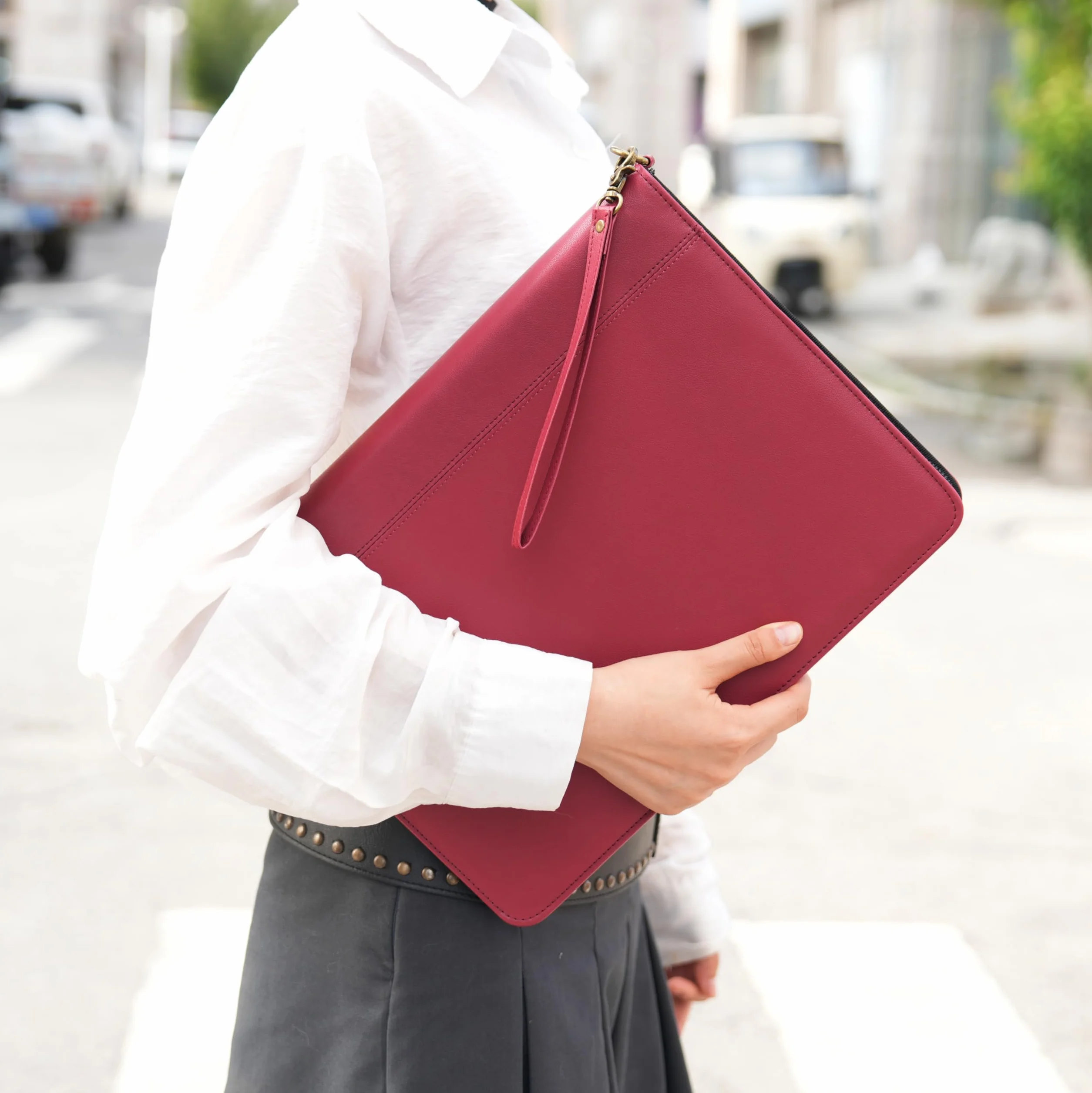Wason Porte-documents A4 Cuir PU Fermeture Éclair Padfolio Classeur Anneaux Détachable Support Bloc-Notes Organiseur Conférence Rouge