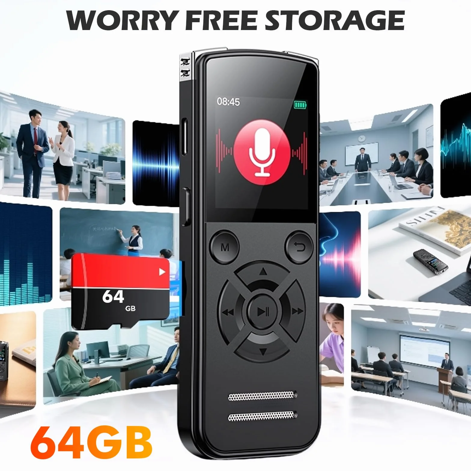 Dictaphone Enregistreur Vocal 64 Go Mini Audio Numérique 1536 Kbps Écran TFT USB-C Rechargeable