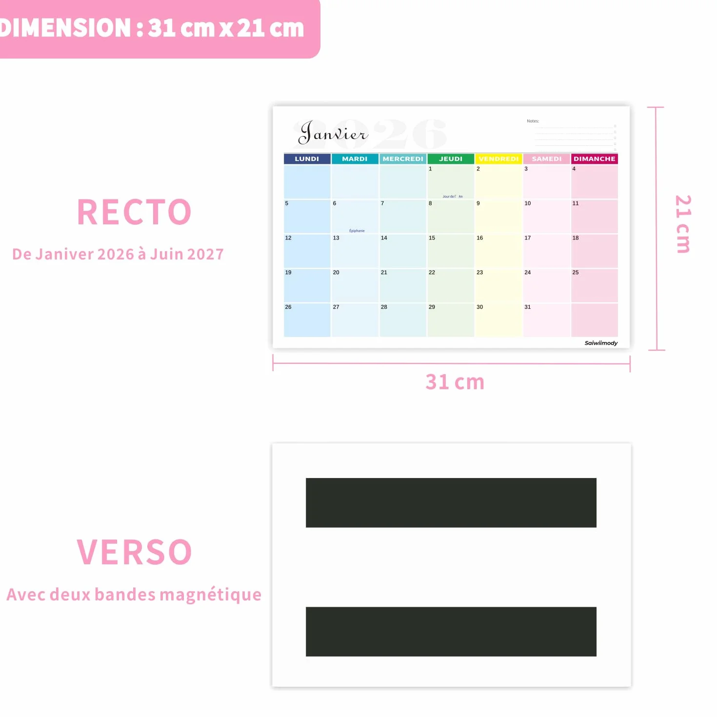 Calendrier Mural 2026 18 Mois Magnétique Frigo 31x21cm Planificateur Mensuel avec Jours Fériés