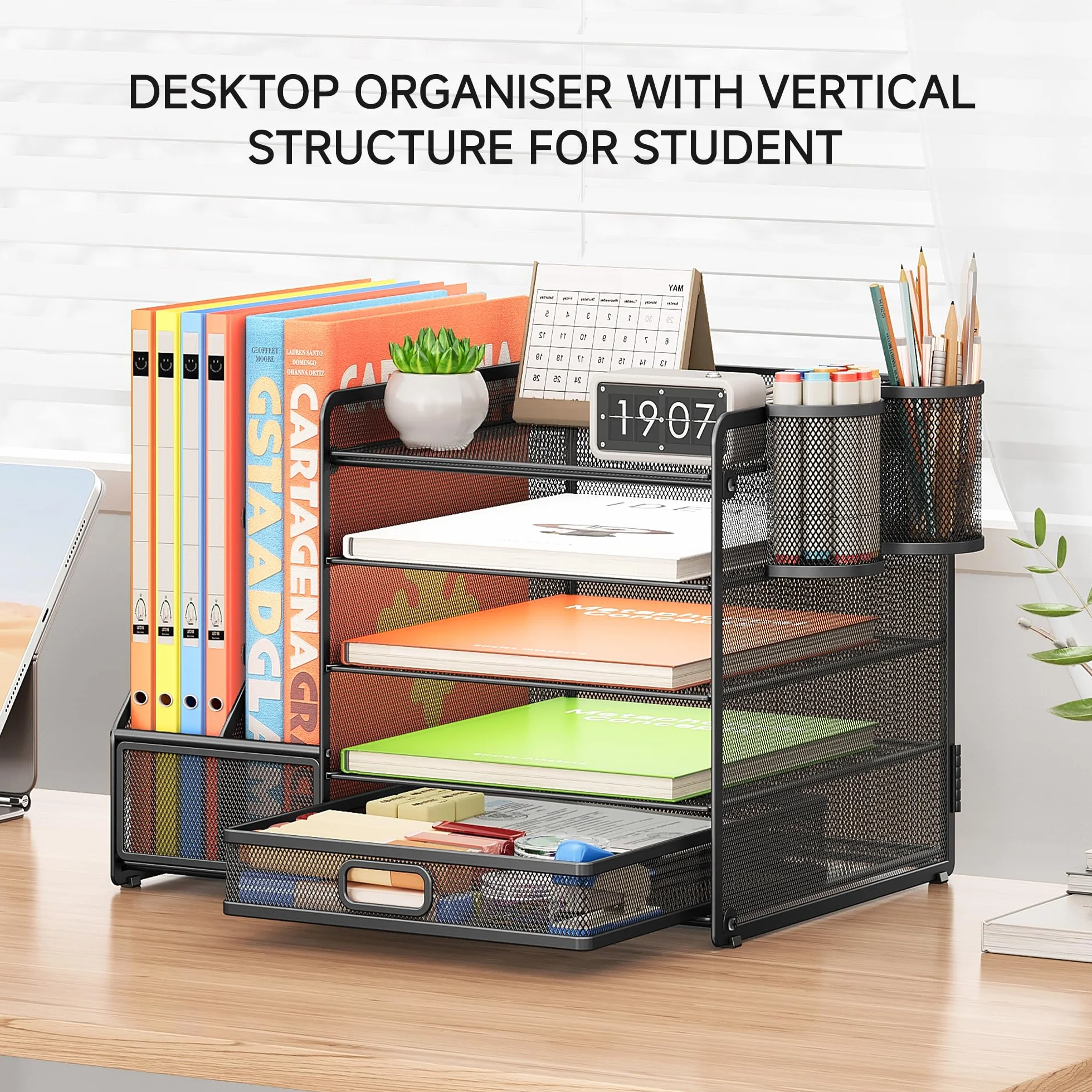 VITVITI Organisateur de Bureau 5 Niveaux avec Porte-Documents, Porte-Lettres, Tiroir, Porte-Stylos, Maille, Noir