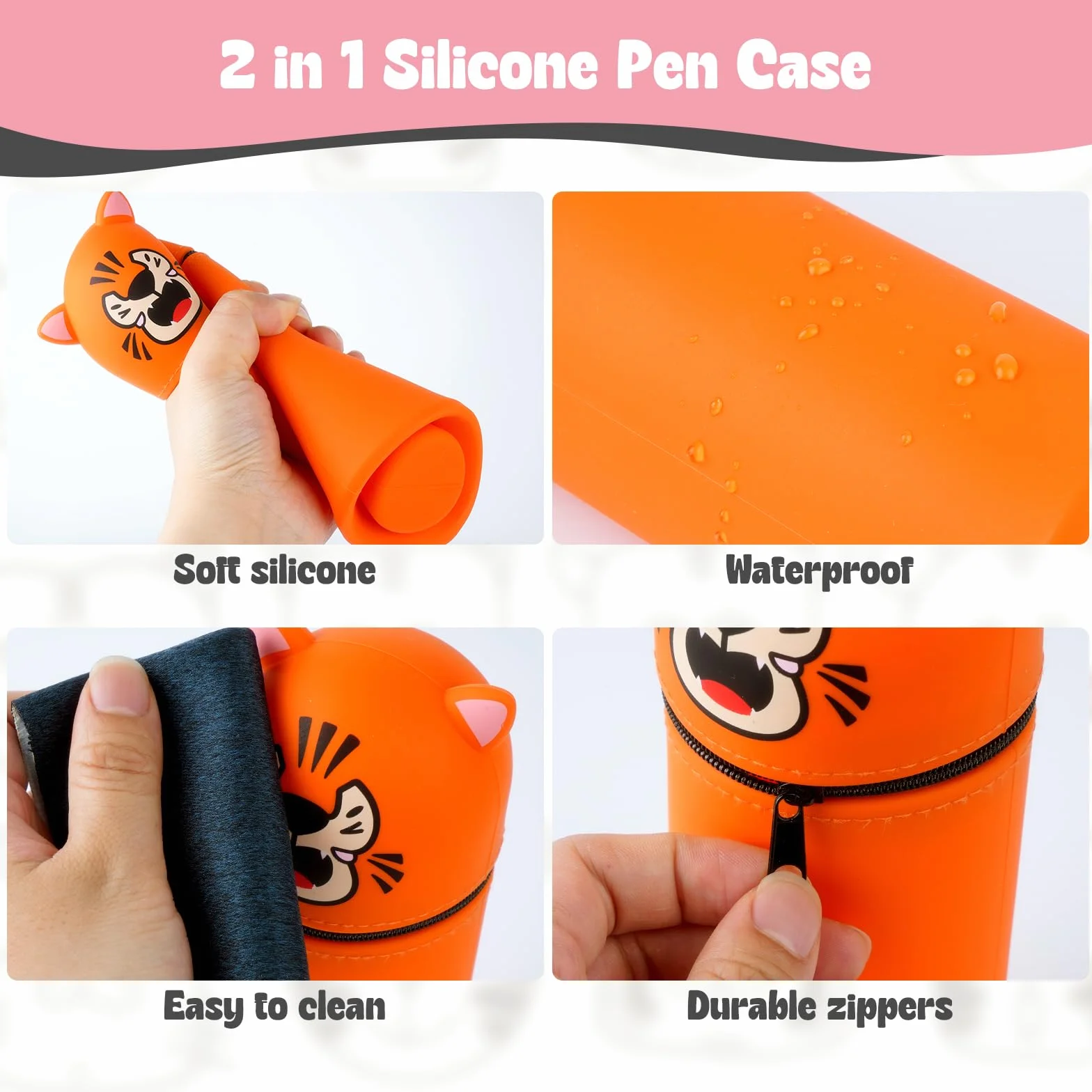 Trousse Scolaire en Silicone Télescopique Kawaii Tigre 2 en 1 avec Fermeture Eclair