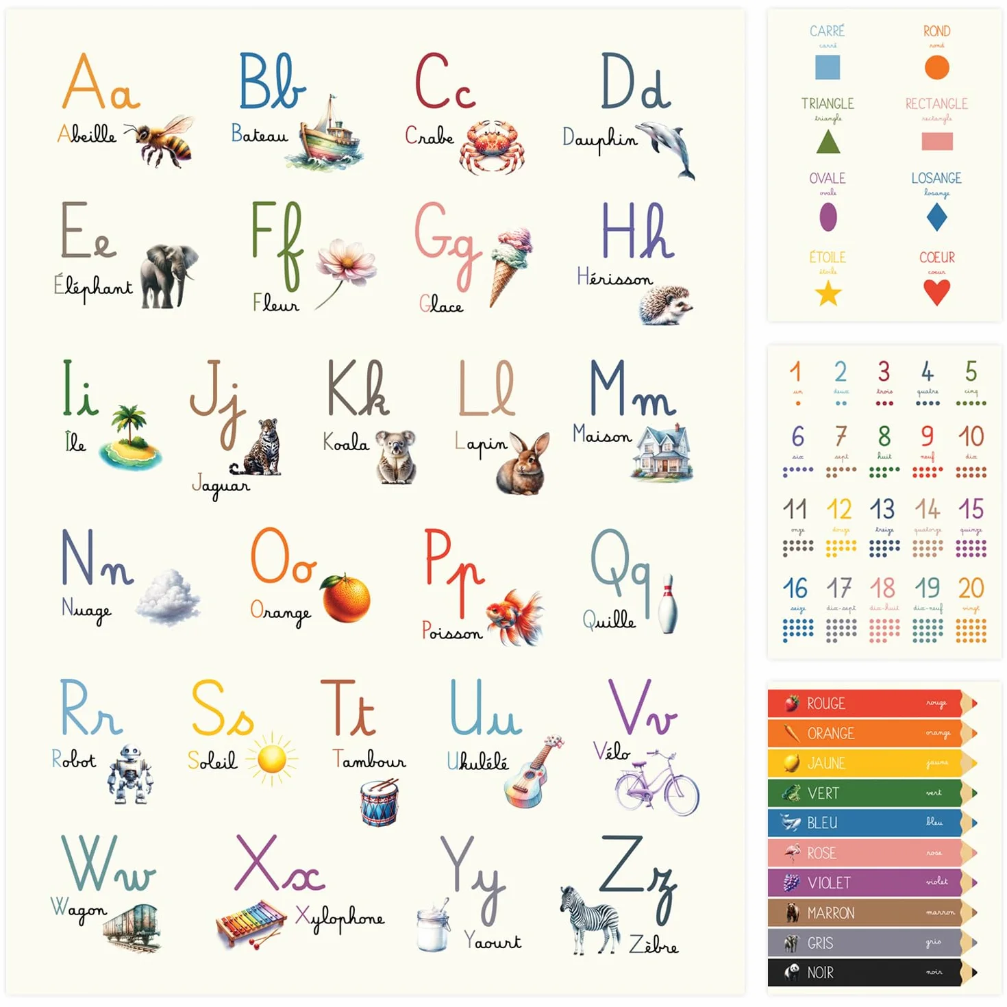 Affiches Éducatives Enfant 30x40 cm Alphabet Nombres Couleurs Formes Poster Abcdaire