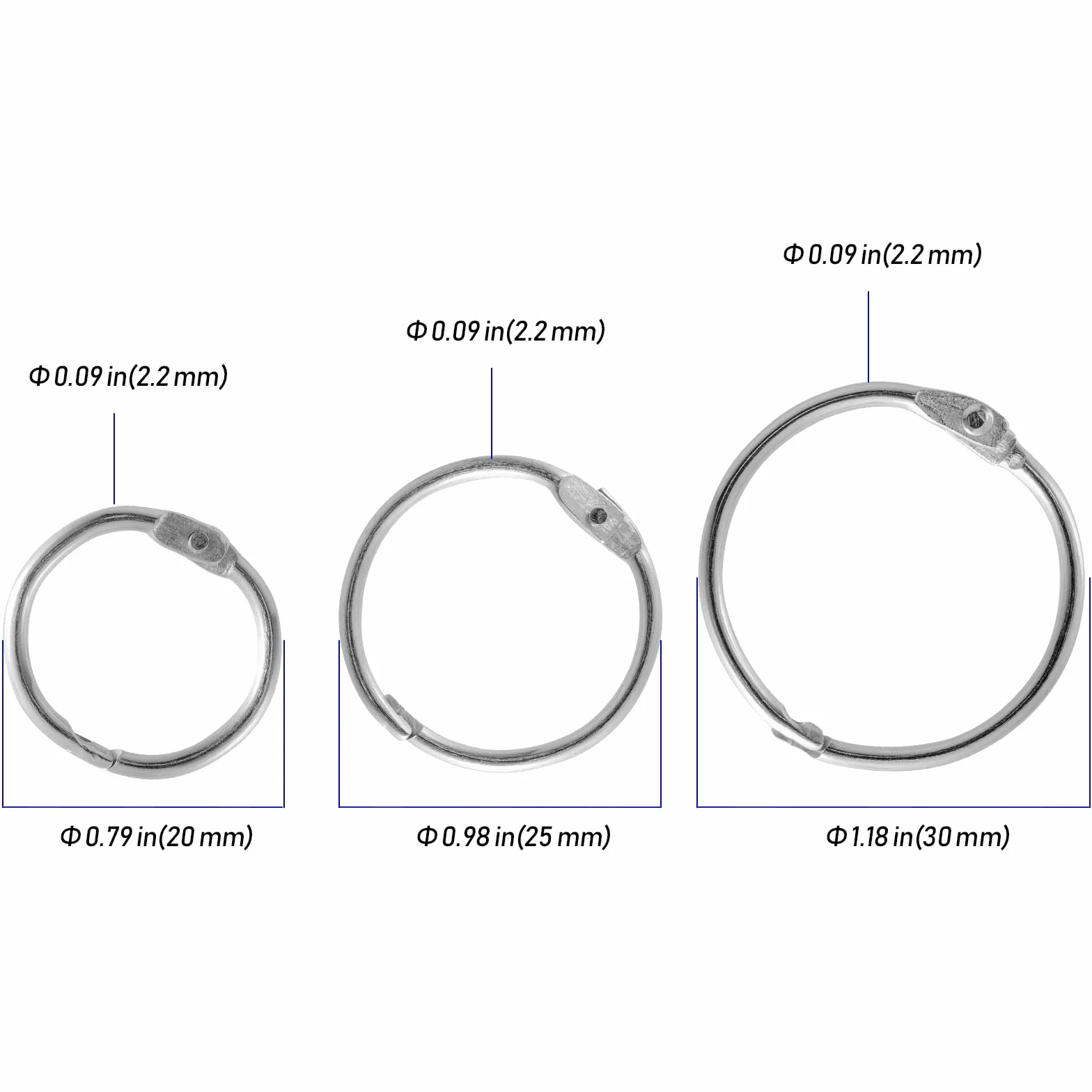 Anneaux de Reliure Métalliques 20mm 25mm 30mm Argent Lot de 150 - Oeillets Classeur