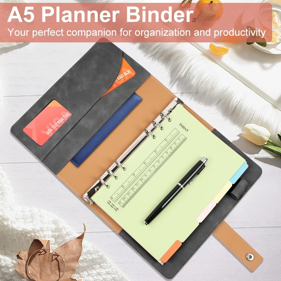 Carnet de Notes A5 200 Pages PU Cuir Rechargeable avec Grille à Points Gris