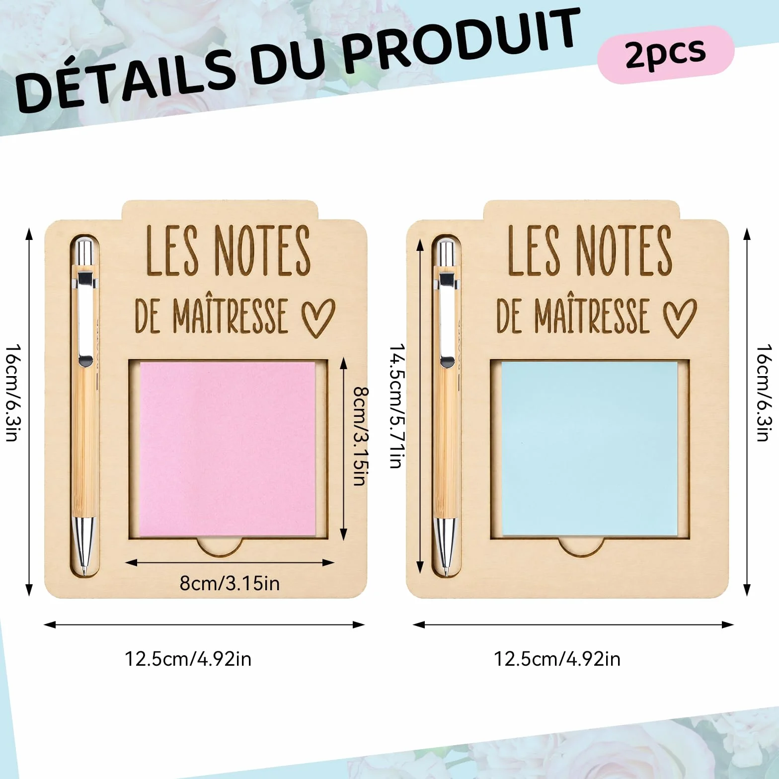 Ensemble 6 Pièces Porte-Notes En Bois Avec Stylos Et Pense-Bête, Cadeau Enseignante Original