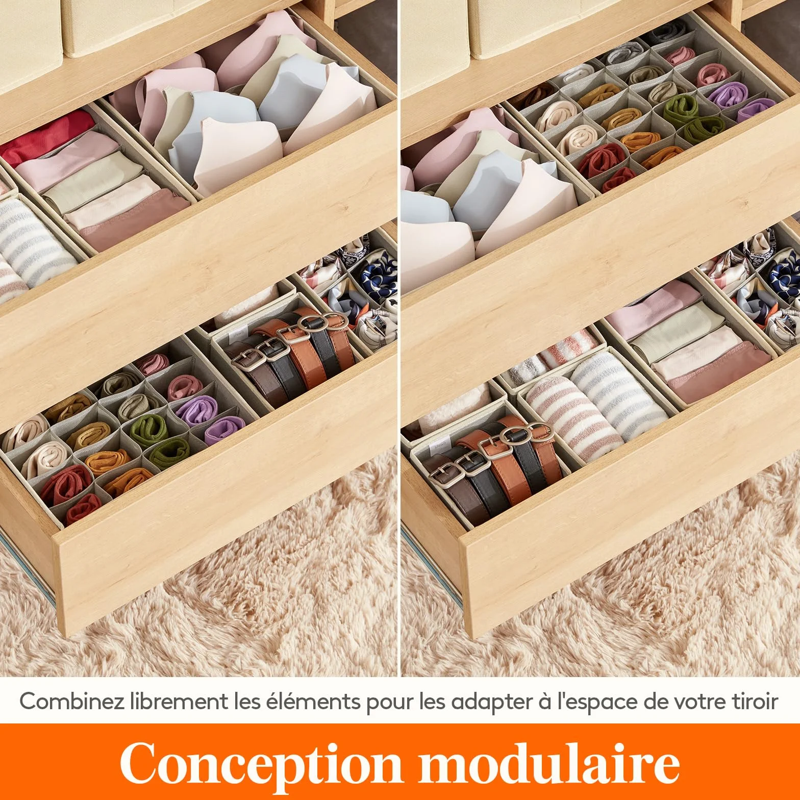 Lifewit Lot de 12 Organisateur de Tiroir Pliable en Tissu, Boîte de Rangement pour Sous-vêtements, Chaussettes, Culottes, Cravates, Gris Clair