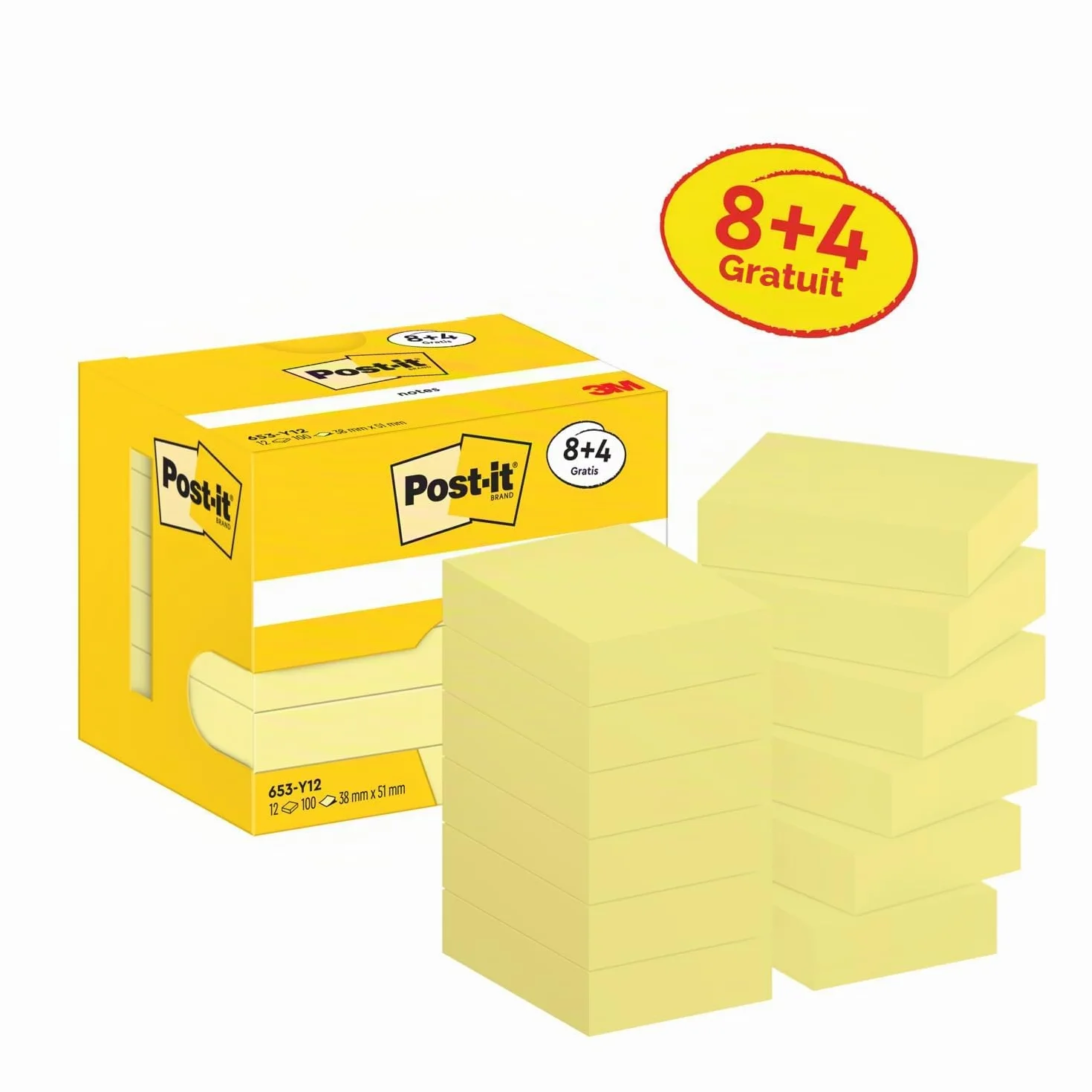 Post-it Notes Autocollantes, Pack Promo 12 Blocs, 100 Feuilles par Bloc, 38 mm x 51 mm, Jaune Pastel