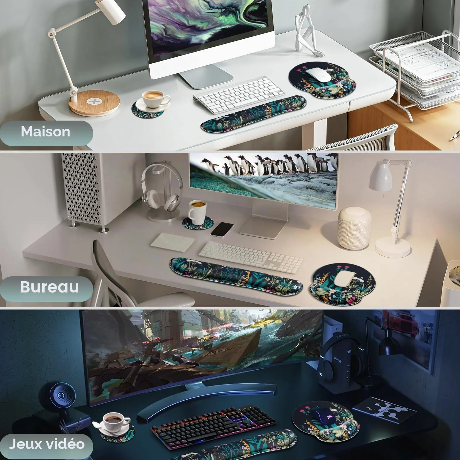 Tapis de Souris avec Coussin Gel 3 en 1 Repose-Poignet Ergonomique Antidérapant, 3mm Mousse à Mémoire, Lavable pour PC Bureau