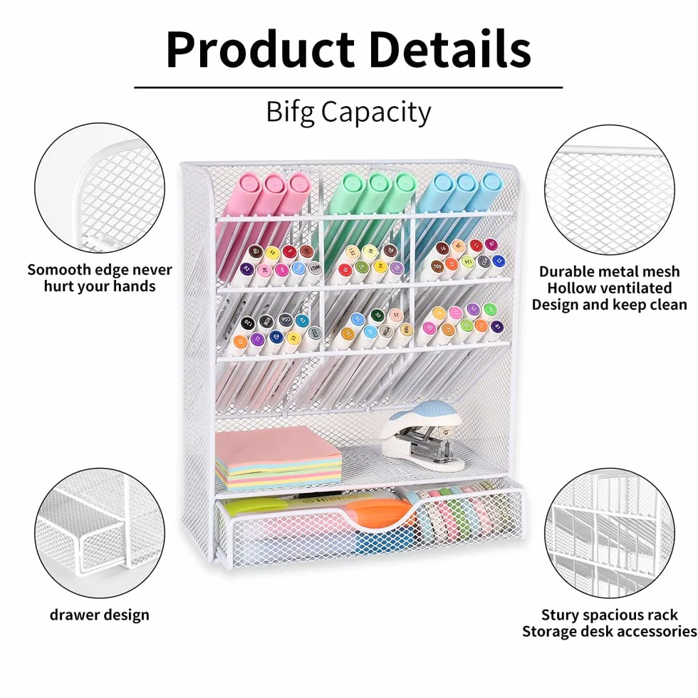 Pen Holder Desk Organizer with 10 Compartments and 1 Drawer White
