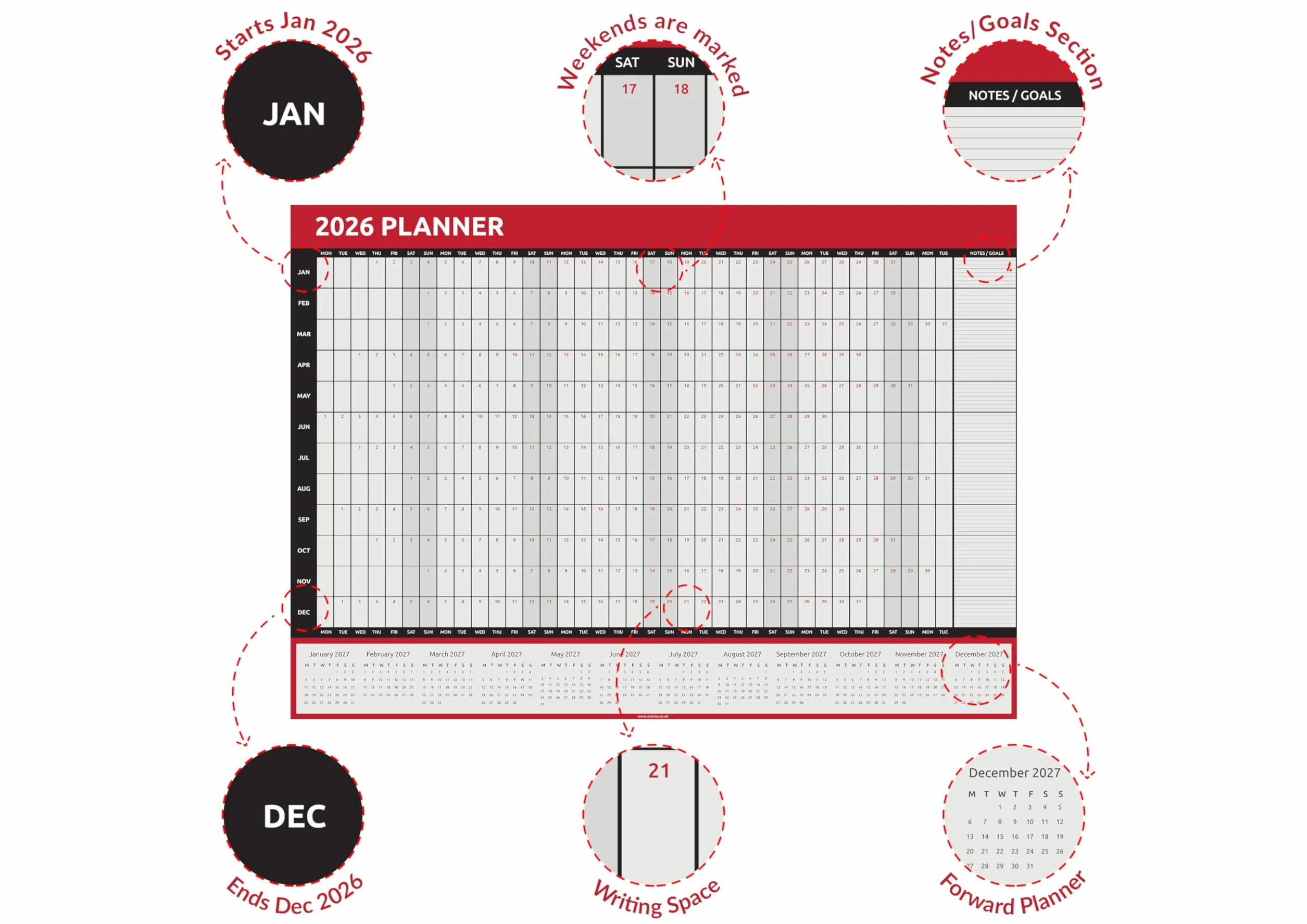 Calendrier mural 2026 A1 84x59 cm annuel complet rouge