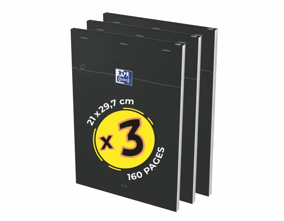 OXFORD Lot de 3 Blocs-notes Smart A4 160 Pages 5x5 Agrafée Couverture Carte Souple Noir