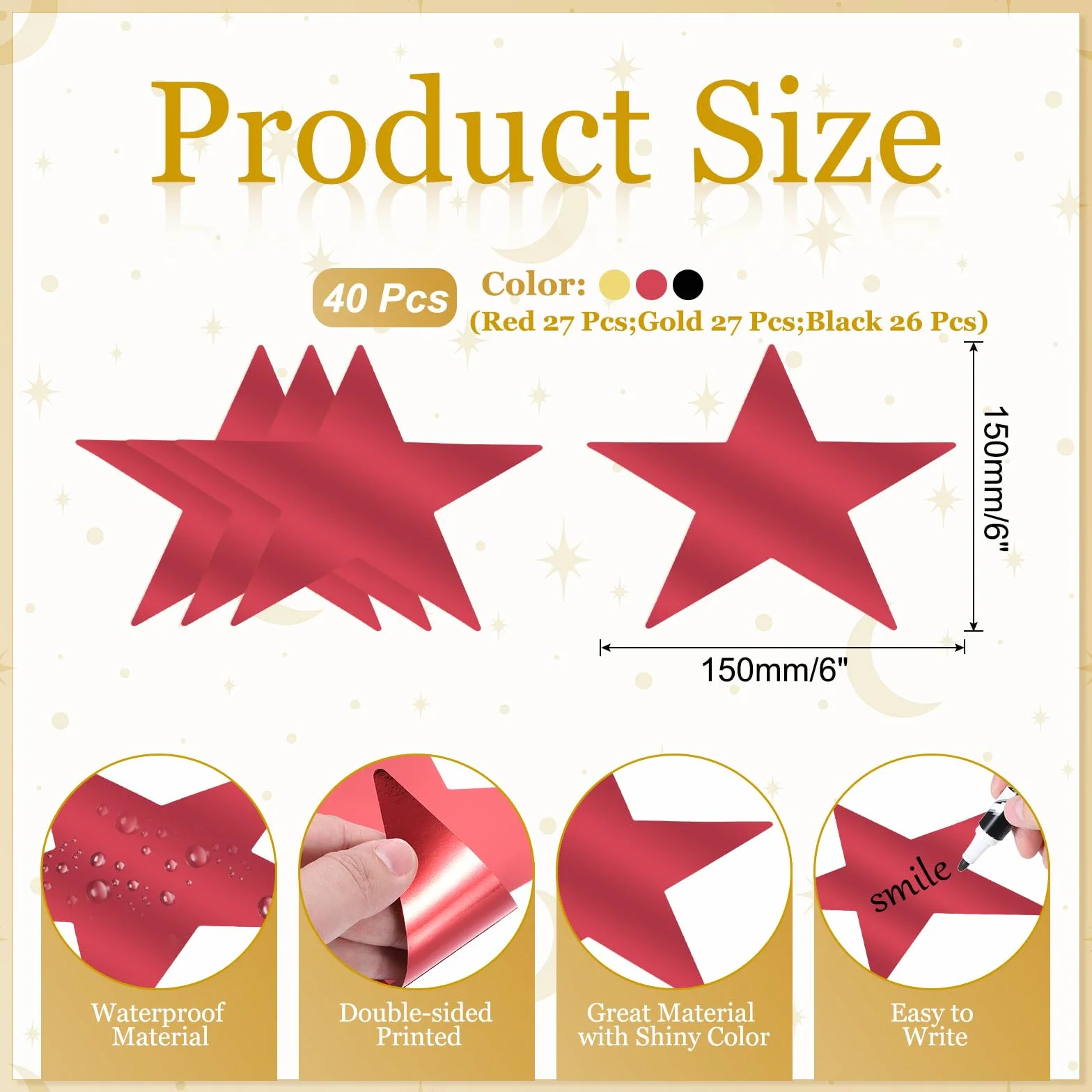 PATIKIL Grande Découpe Étoile 40 Pcs 6" Double Face Papier Décoration Cinq Étoiles pour Mariage Fête DIY, Rouge/Doré/Noir