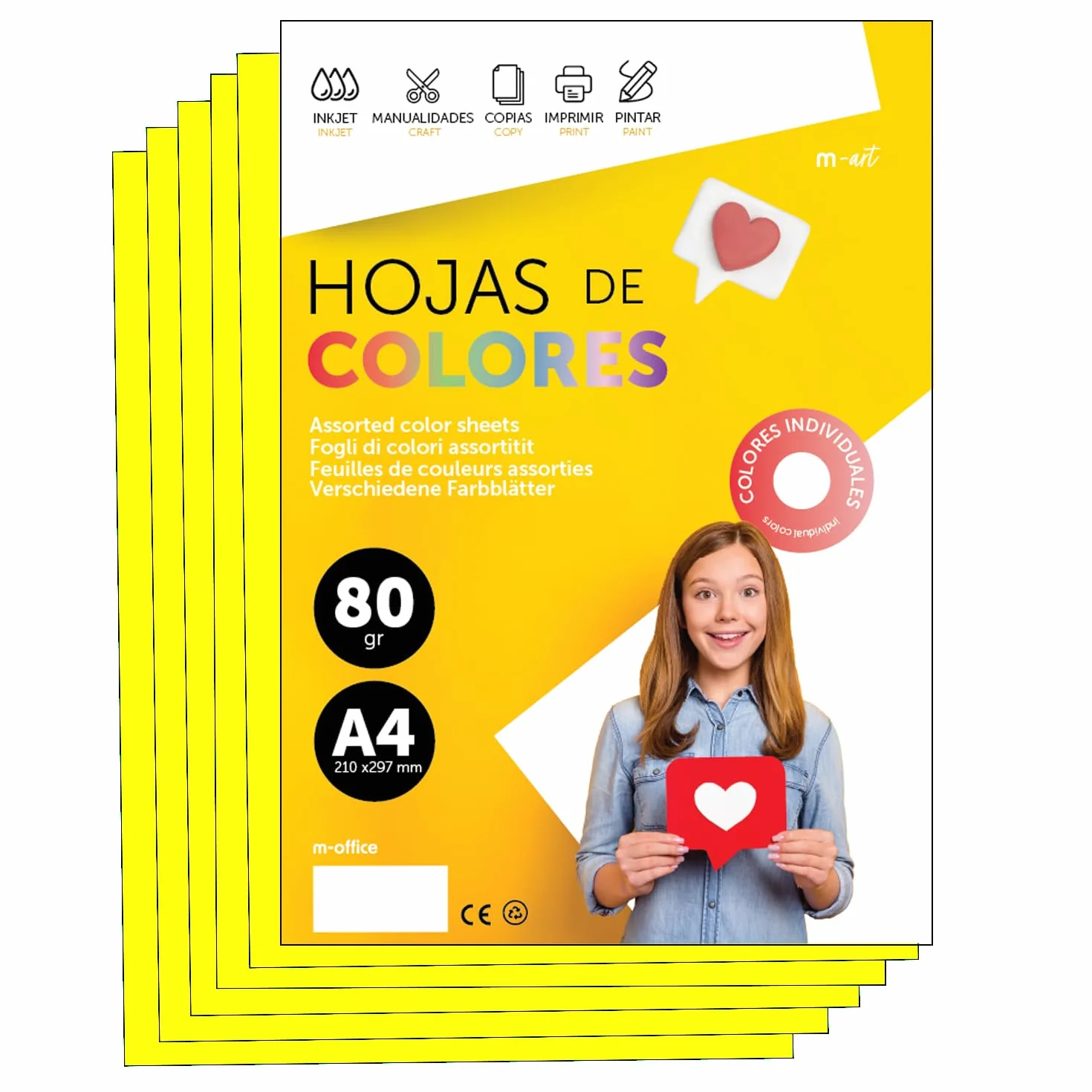 Papier A4 Couleur 80g Jaune Fluo 50 Feuilles pour Imprimante Jet d'Encre et Laser M-office
