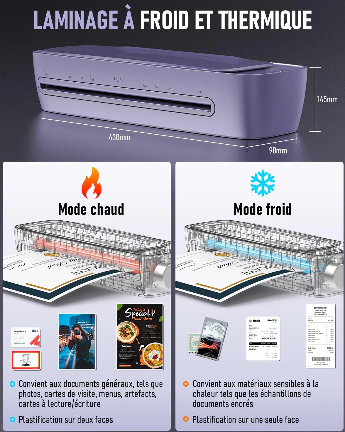 Plastifieuse A3 Thermique et Froid 9 en 1 avec 30 Pochettes, Massicot et Arrondisseur pour Bureau École