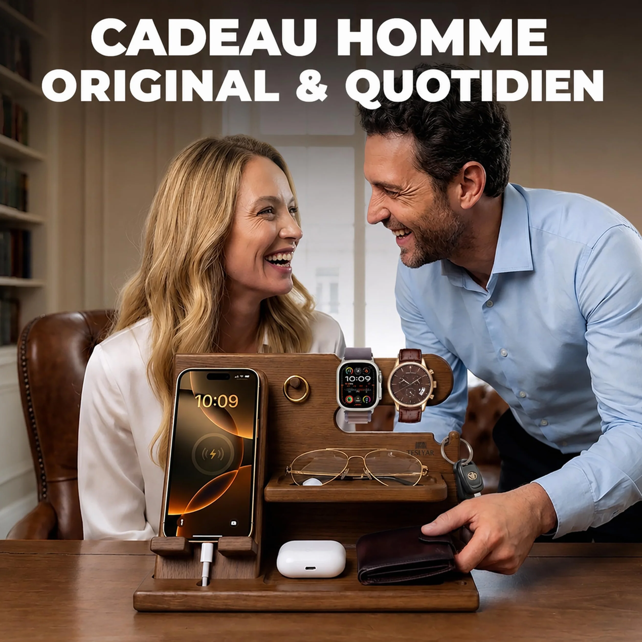 Organisateur de Bureau en Bois avec Support Téléphone et Montre, Station d’Accueil, Docking Station, Beige