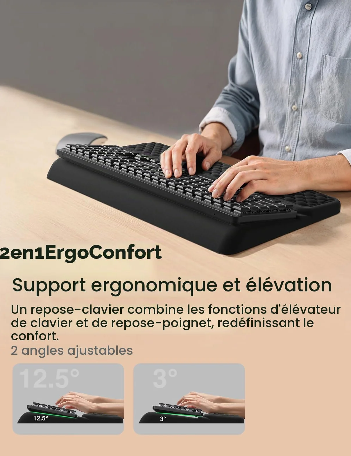 VAYDEER Repose-Poignets Ergonomique avec Rehausseur de Clavier, Support 2-en-1 en Mousse à Mémoire de Forme, Antidérapant pour Bureau – Noir