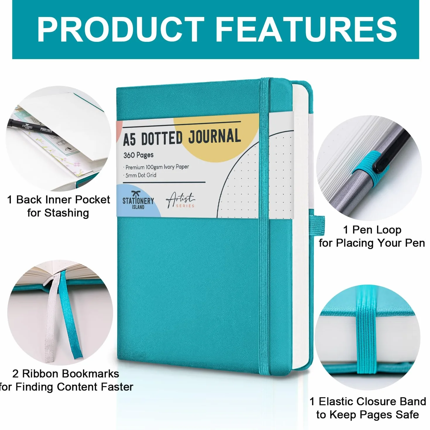 Carnet en Notes A5 Pointillé 360 pg Bullet Dotted Journal Couverture Rigide Papier 100 g/m² avec Porte-stylo Poche Intérieure 2 Marque-pages