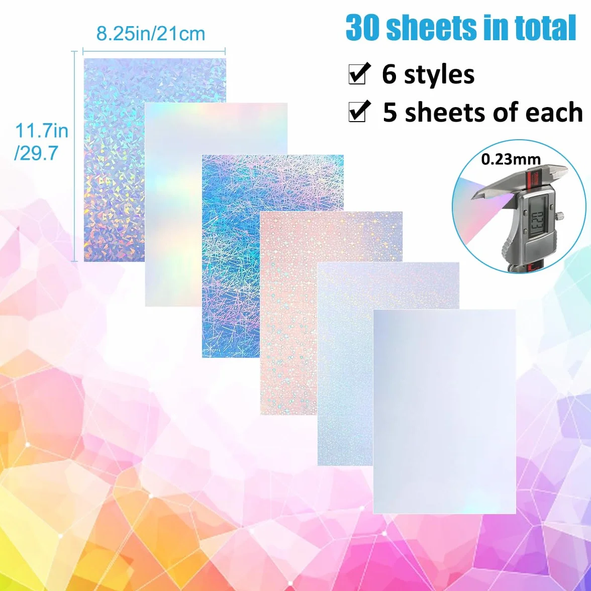 Papier autocollant holographique imprimable A4 30 feuilles 6 motifs imperméable