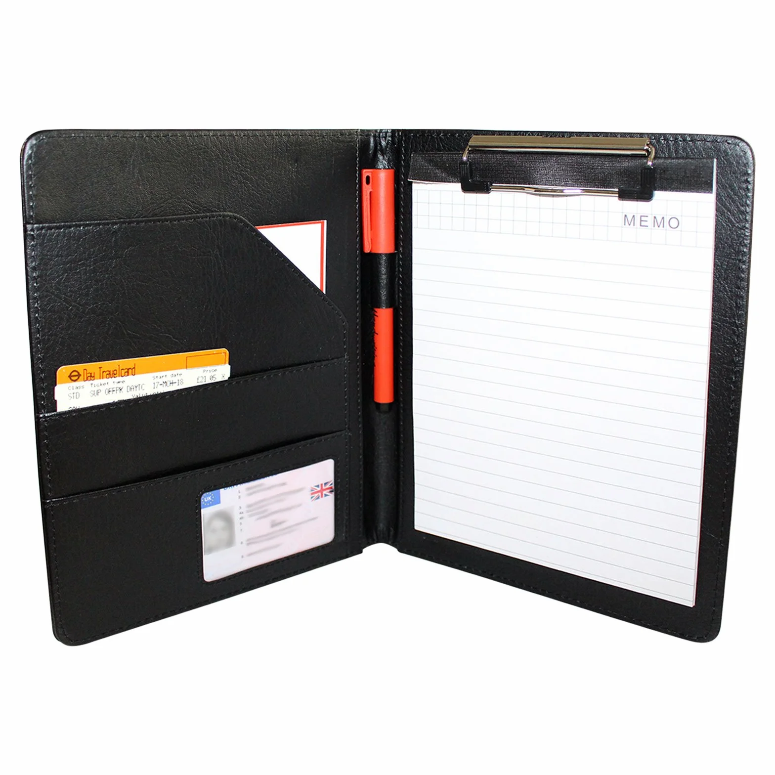 Porte Document en Faux Cuir Noir A5 Pliable avec Pince pour Conférence