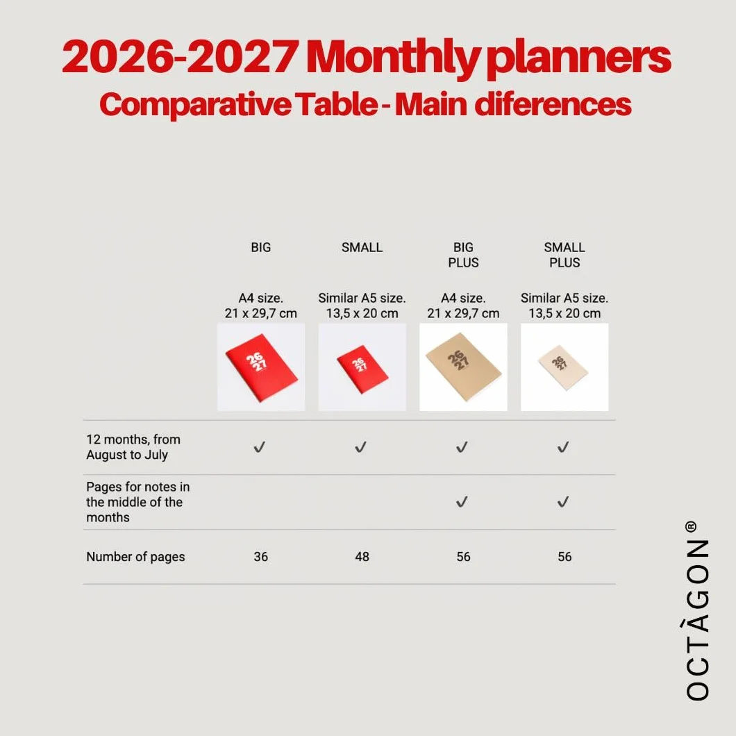 OCTÀGON DESIGN Small Monthly Planner PLUS 2026-2027 Agenda mensuel 12 mois août 2026 à juillet 2027 Petit format 13,5 x 20 cm Biscuit