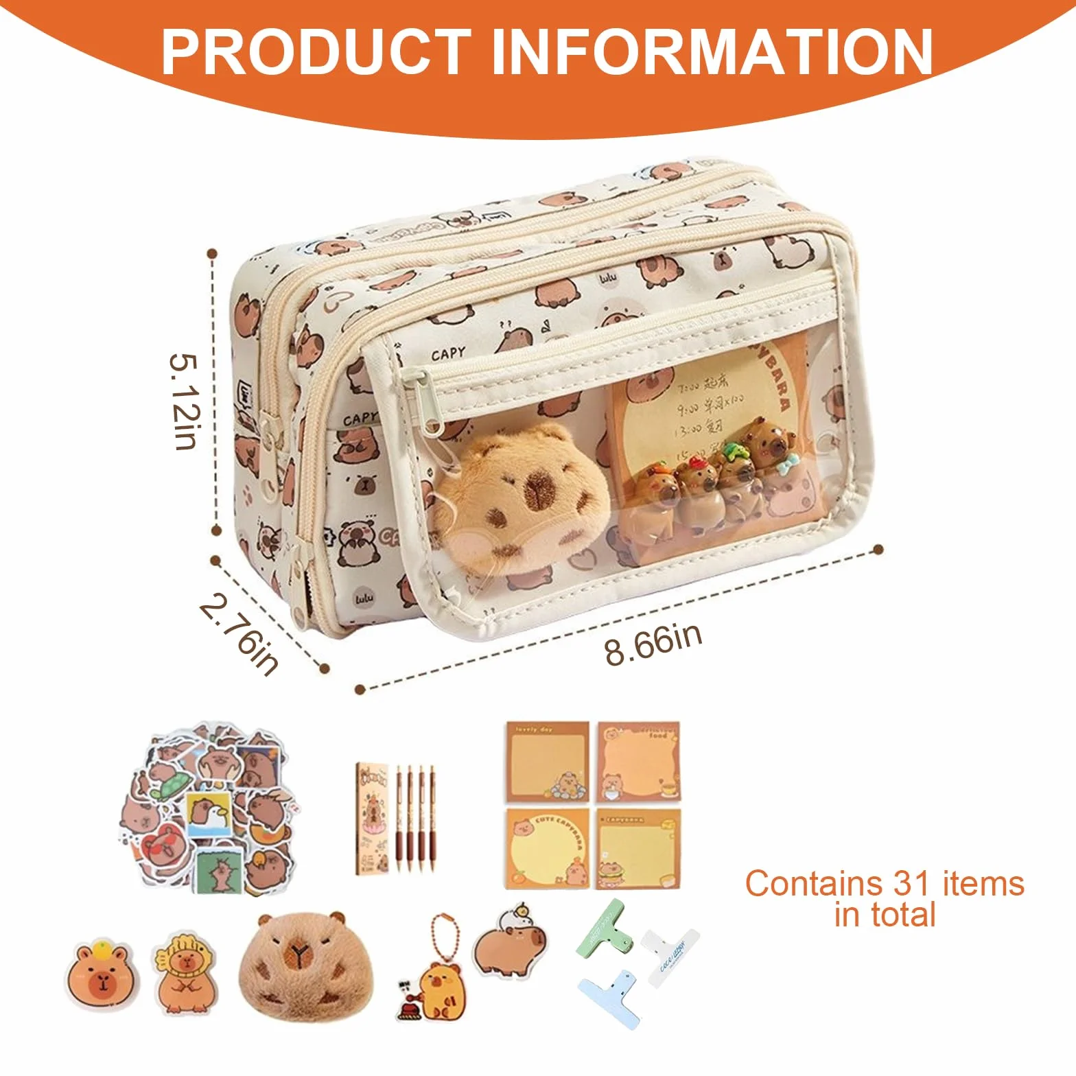 Capybara Kawaii Trousse à Crayons 58 Pièces Papeterie avec 9 Compartiments pour Bureau Scolaire Étudiants
