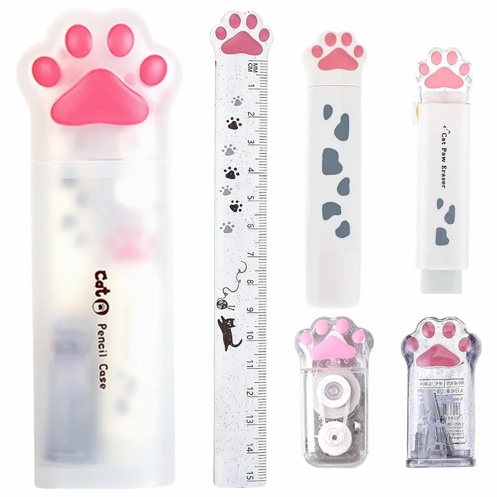 Set de Papeterie Chat Mignon, Fournitures Scolaires Chat, Étui à Stylos avec Règle Ruban Correcteur Colle Gomme Taille-Crayon