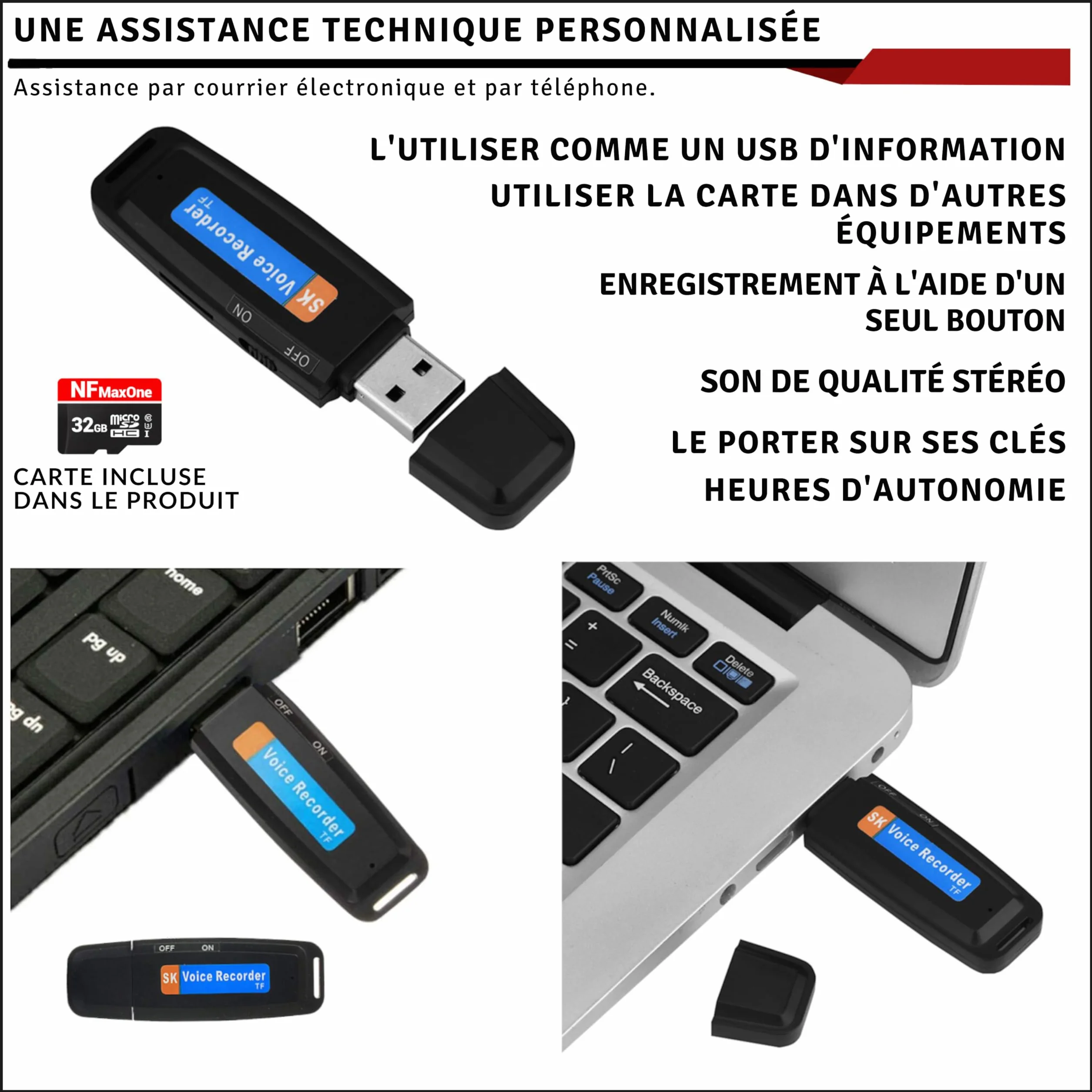 Enregistreur Vocal Numérique USB 32 Go Mini Dictaphone Portable avec Activation Vocale