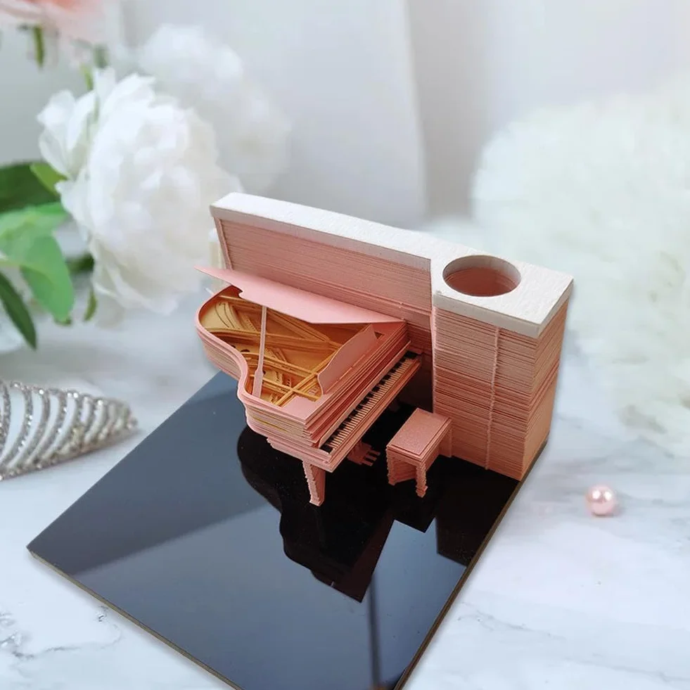 Calendrier 2025 avec bloc-notes 3D créatif - Décoration de bureau pour amateurs de piano