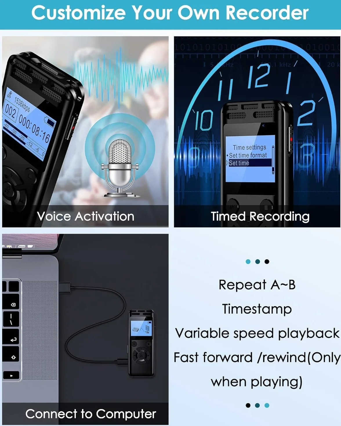 Enregistreur Vocal Numérique 64GB Stéréo HD 1536Kbps Métal Réduction de Bruit Activation Vocale