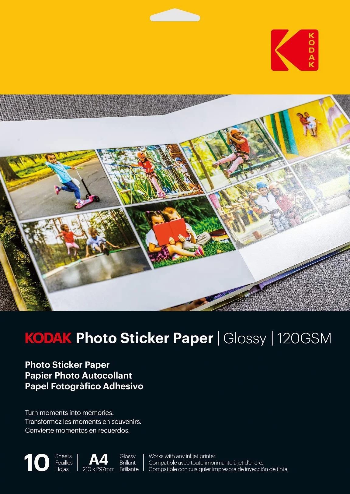 KODAK Papier Photo Autocollant Brillant A4 10 Feuilles 120 gsm Jet d'Encre