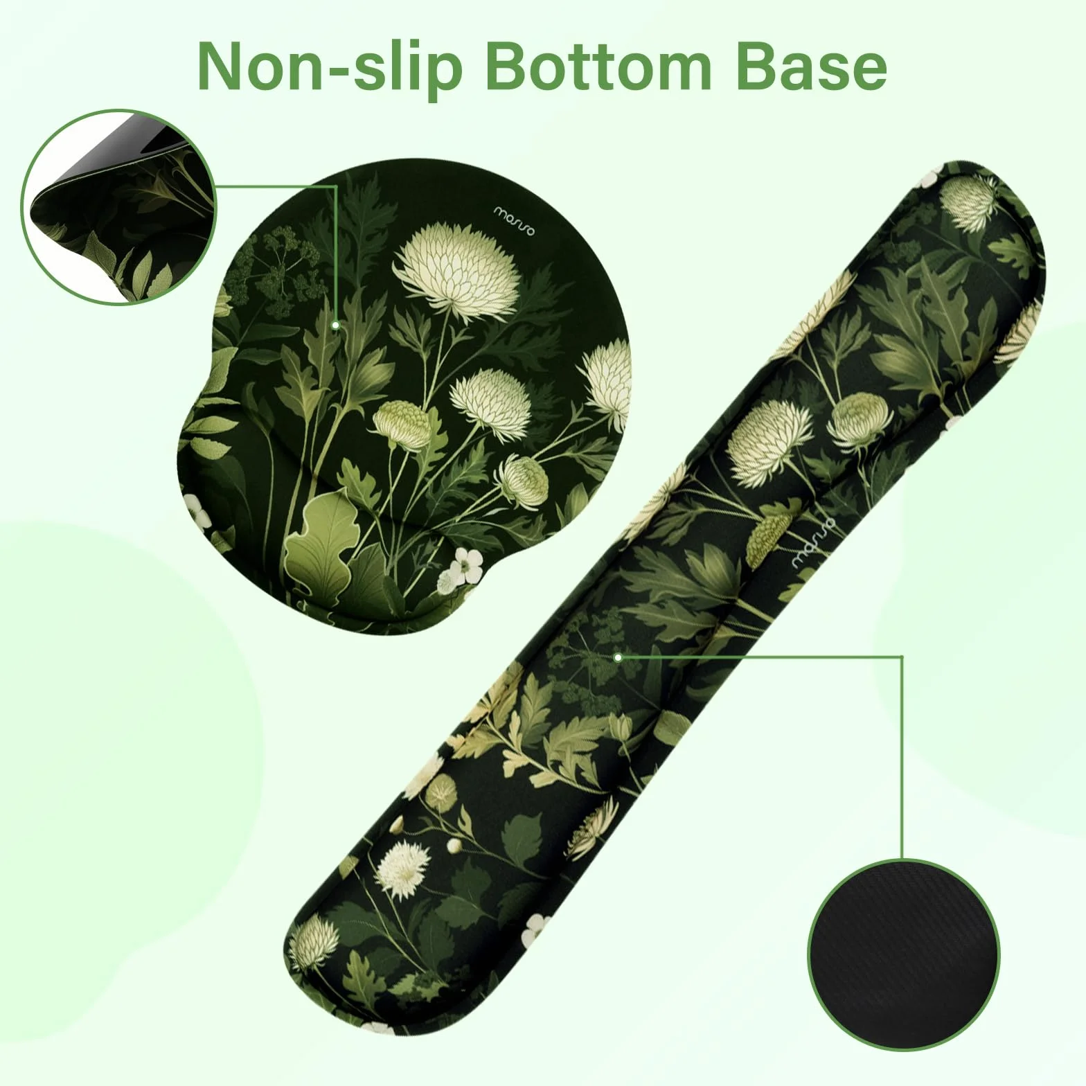 MOSISO Set Repose-poignet et Tapis de Souris Chrysanthème Sauvage Grand Format Ergonomique Antidérapant Mousse Mémoire Noir