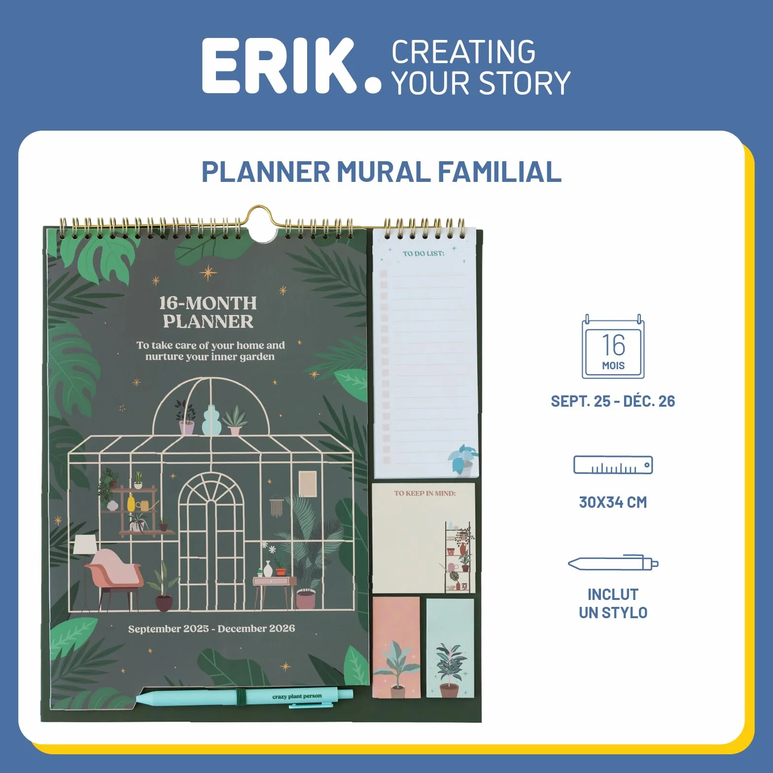 Grupo Erik Calendrier Plantes 16 mois Septembre 2025 à Décembre 2026 Planificateur Mensuel Familial avec Crochet