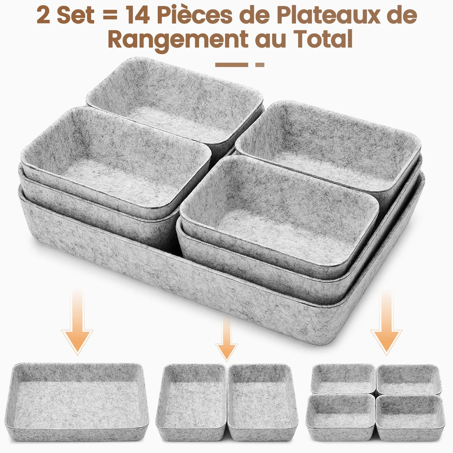 Eurhomewit Organisateur de Tiroir 14 Pièces en Feutre Gris - Boîtes de Rangement Empilables