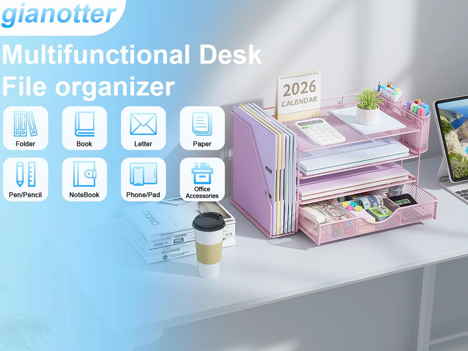 Gianotter Organiseur de papier 4 niveaux avec porte-documents et tiroir pour bureau